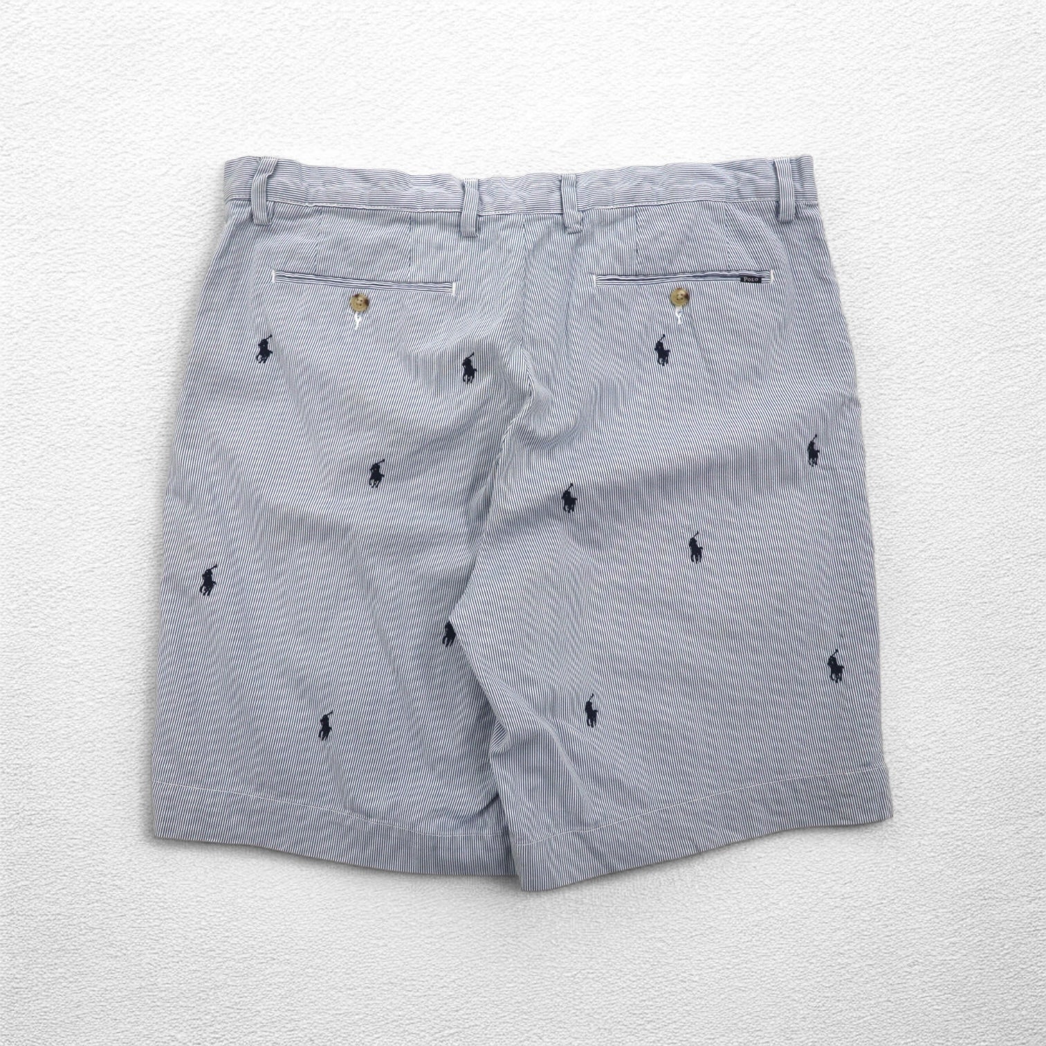 POLO RALPH LAUREN Pantaloncini in seersucker, lunghezza a metà coscia, taglia L, a righe blu e bianche, CLASSIC FIT, ricamo "all-over pony"