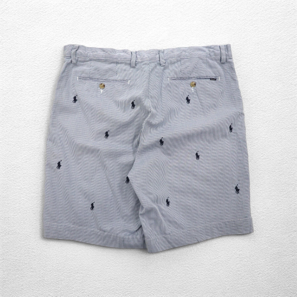 POLO RALPH LAUREN Pantaloncini in seersucker, lunghezza a metà coscia, taglia L, a righe blu e bianche, CLASSIC FIT, ricamo "all-over pony"