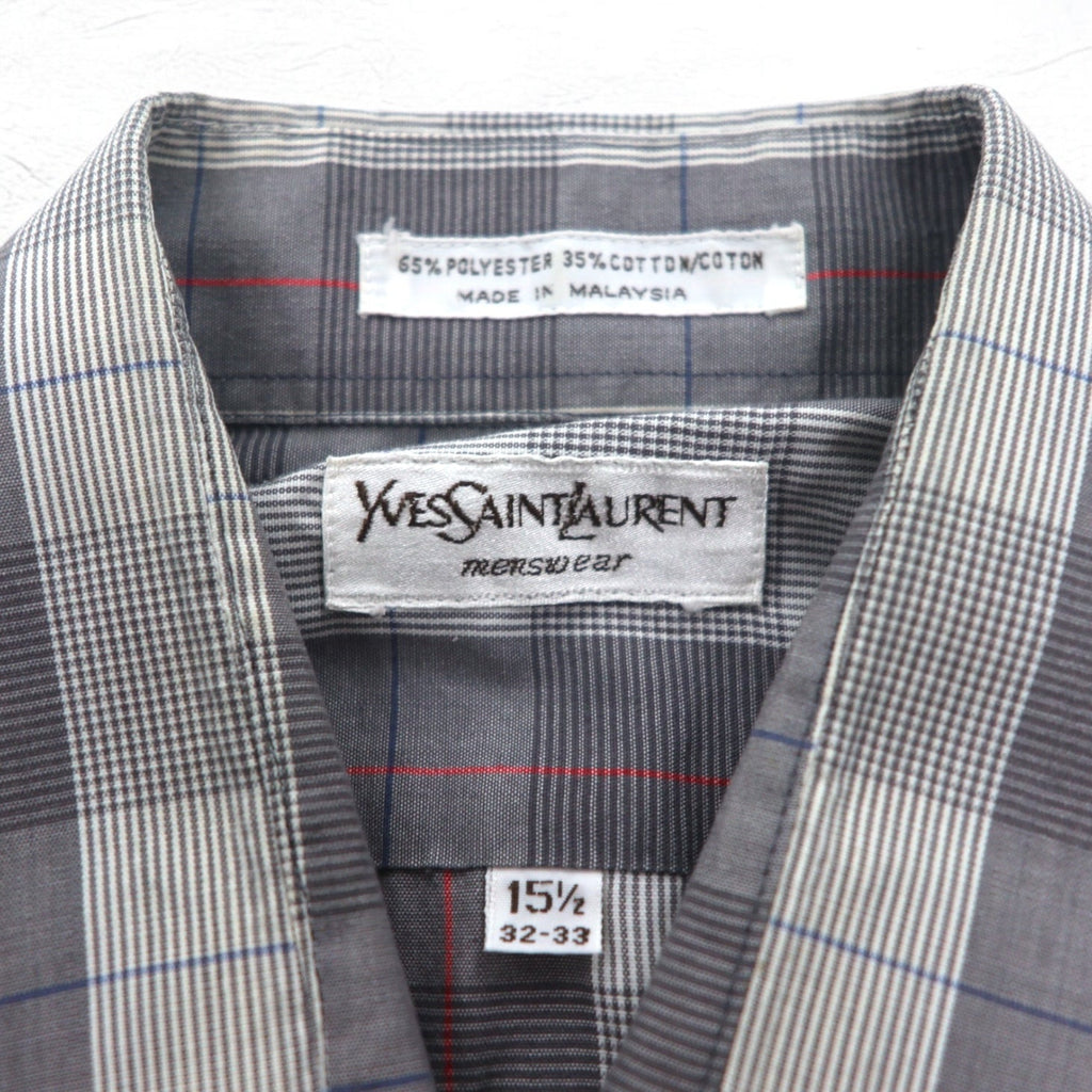 YVES SAINT LAURENT anni '90 camicia a collo largo M fantasia a quadri grigia poliestere cotone
