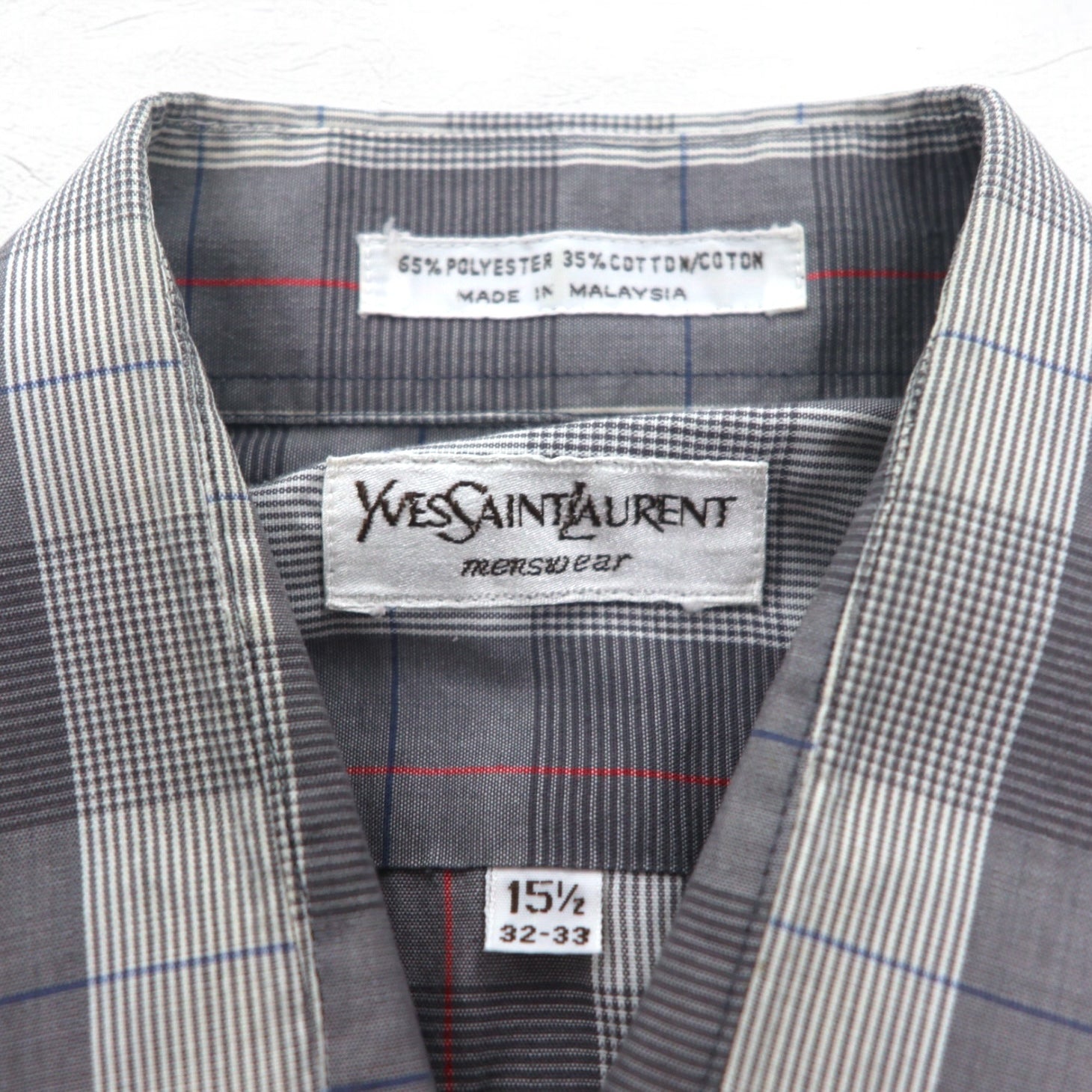 YVES SAINT LAURENT anni '90 camicia a collo largo M fantasia a quadri grigia poliestere cotone