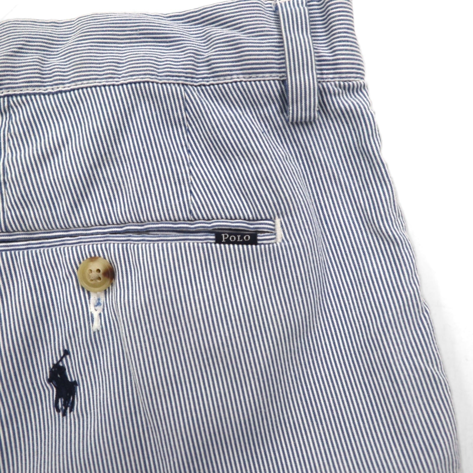 POLO RALPH LAUREN Pantaloncini in seersucker, lunghezza a metà coscia, taglia L, a righe blu e bianche, CLASSIC FIT, ricamo "all-over pony"