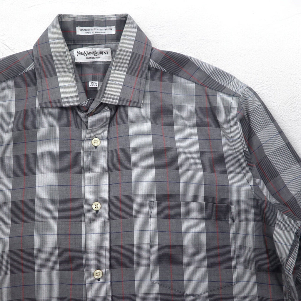 YVES SAINT LAURENT anni '90 camicia a collo largo M fantasia a quadri grigia poliestere cotone