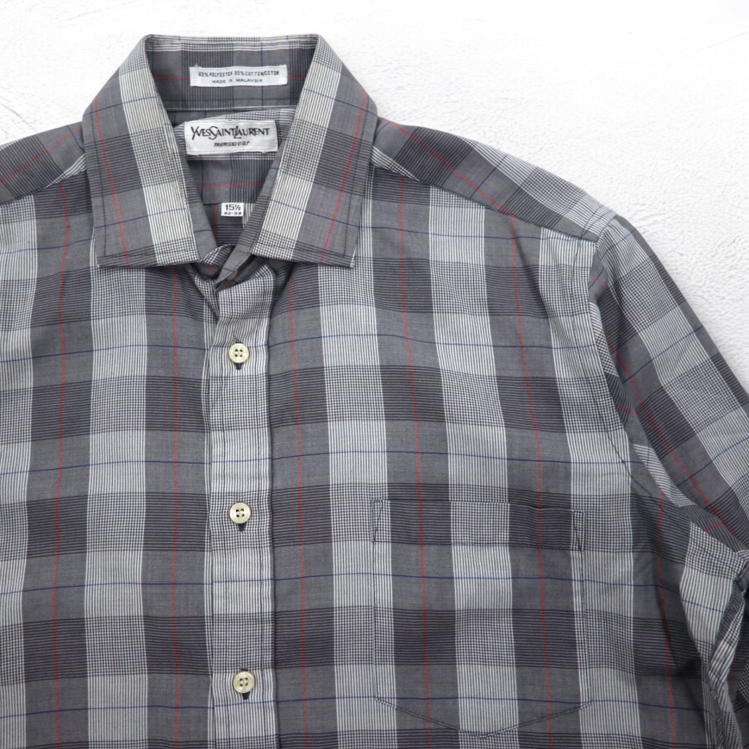 YVES SAINT LAURENT anni '90 camicia a collo largo M fantasia a quadri grigia poliestere cotone