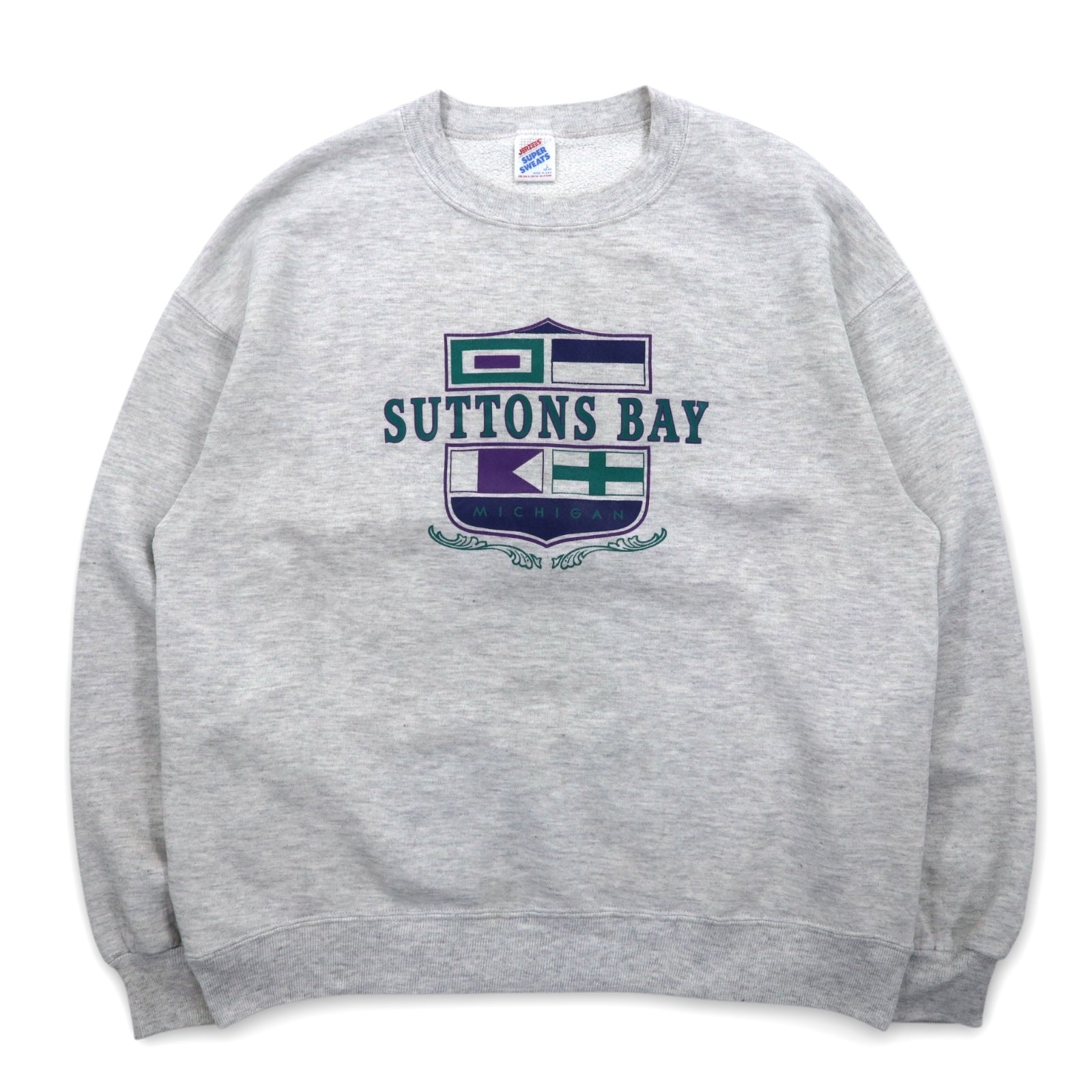 Felpa girocollo da college JERZEES SUPER SWEATS anni '90, fabbricata negli Stati Uniti, taglia L, colore grigio, cotone, SUTTONS BAY
