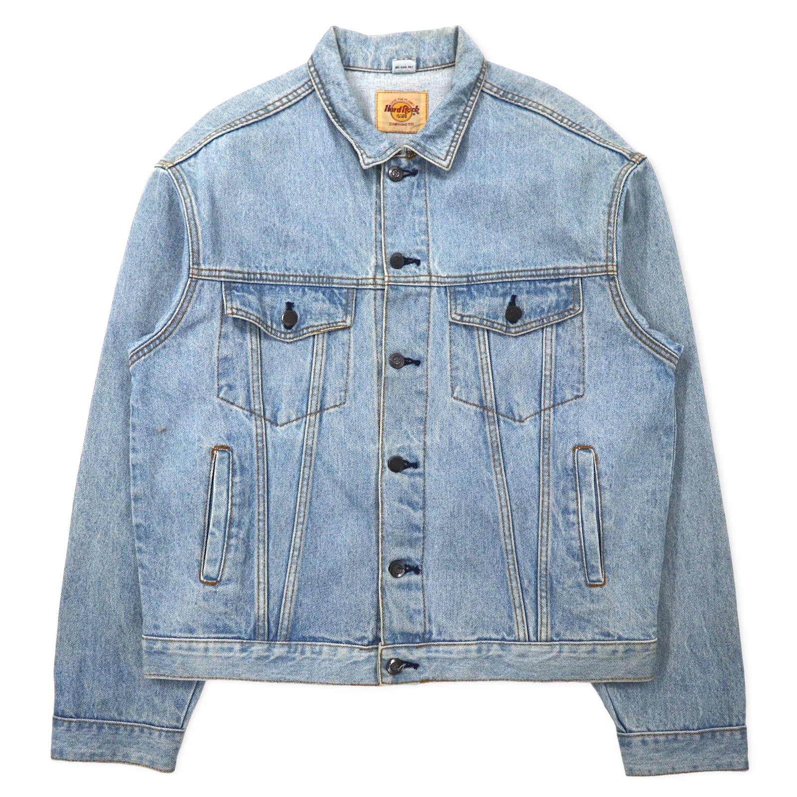 Hard Rock Cafe anni '90 Giacca di jeans L Blu Lavaggio acido Cotone Logo ricamato sulla schiena