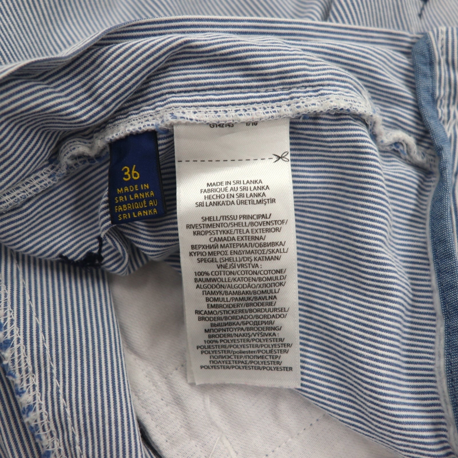 POLO RALPH LAUREN Pantaloncini in seersucker, lunghezza a metà coscia, taglia L, a righe blu e bianche, CLASSIC FIT, ricamo "all-over pony"