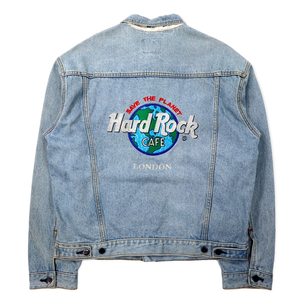 Hard Rock Cafe anni '90 Giacca di jeans L Blu Lavaggio acido Cotone Logo ricamato sulla schiena