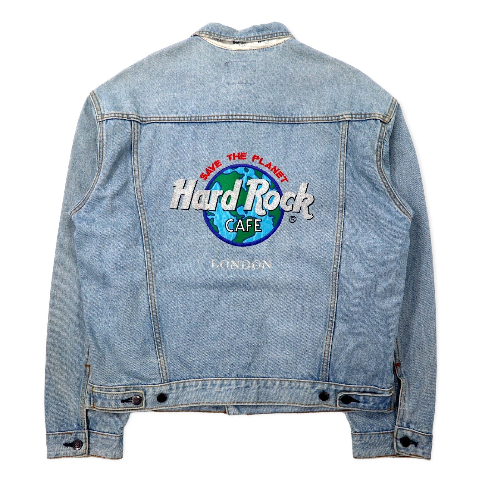 Hard Rock Cafe anni '90 Giacca di jeans L Blu Lavaggio acido Cotone Logo ricamato sulla schiena