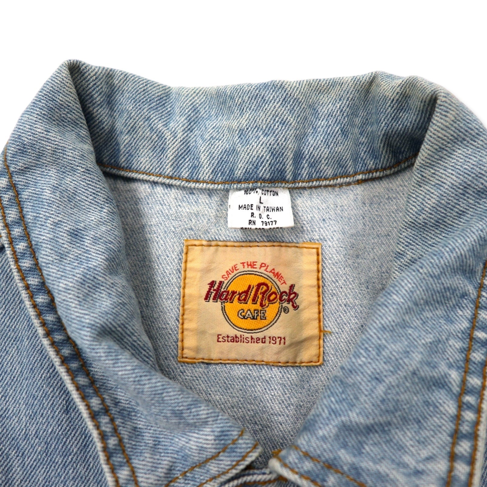 Hard Rock Cafe anni '90 Giacca di jeans L Blu Lavaggio acido Cotone Logo ricamato sulla schiena