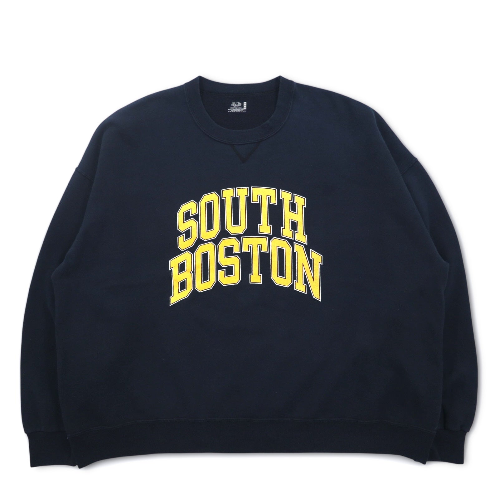 Anni '90 FRUIT OF THE LOOM Felpa girocollo stampa college 3XL blu navy SOUTH BOSTON logo ad arco scollo a V finto prodotta in Messico