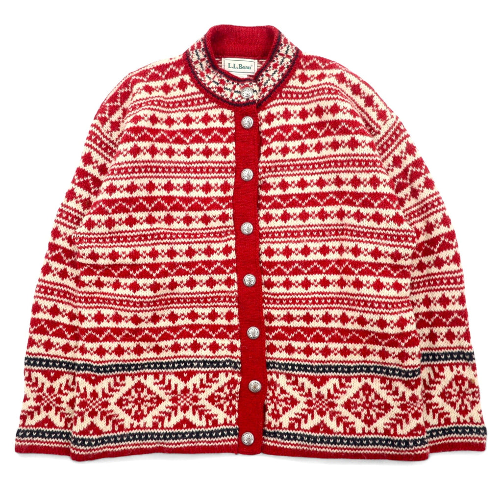 L.L.Bean anni '90 USA Cardigan in maglia tirolese S rosso bianco lana fantasia all-over stile tirolese norvegese bottoni concho HT72