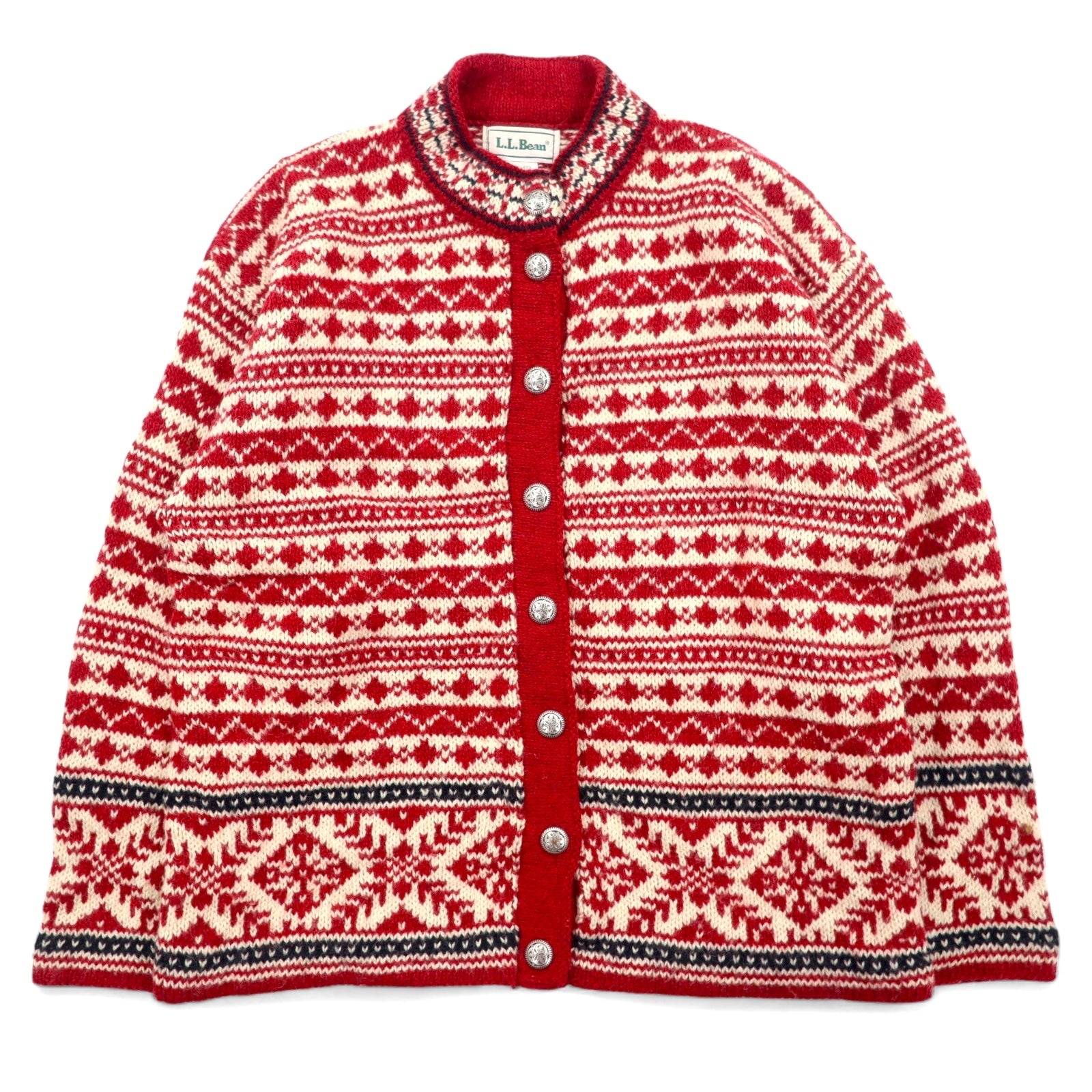 L.L.Bean anni '90 USA Cardigan in maglia tirolese S rosso bianco lana fantasia all-over stile tirolese norvegese bottoni concho HT72