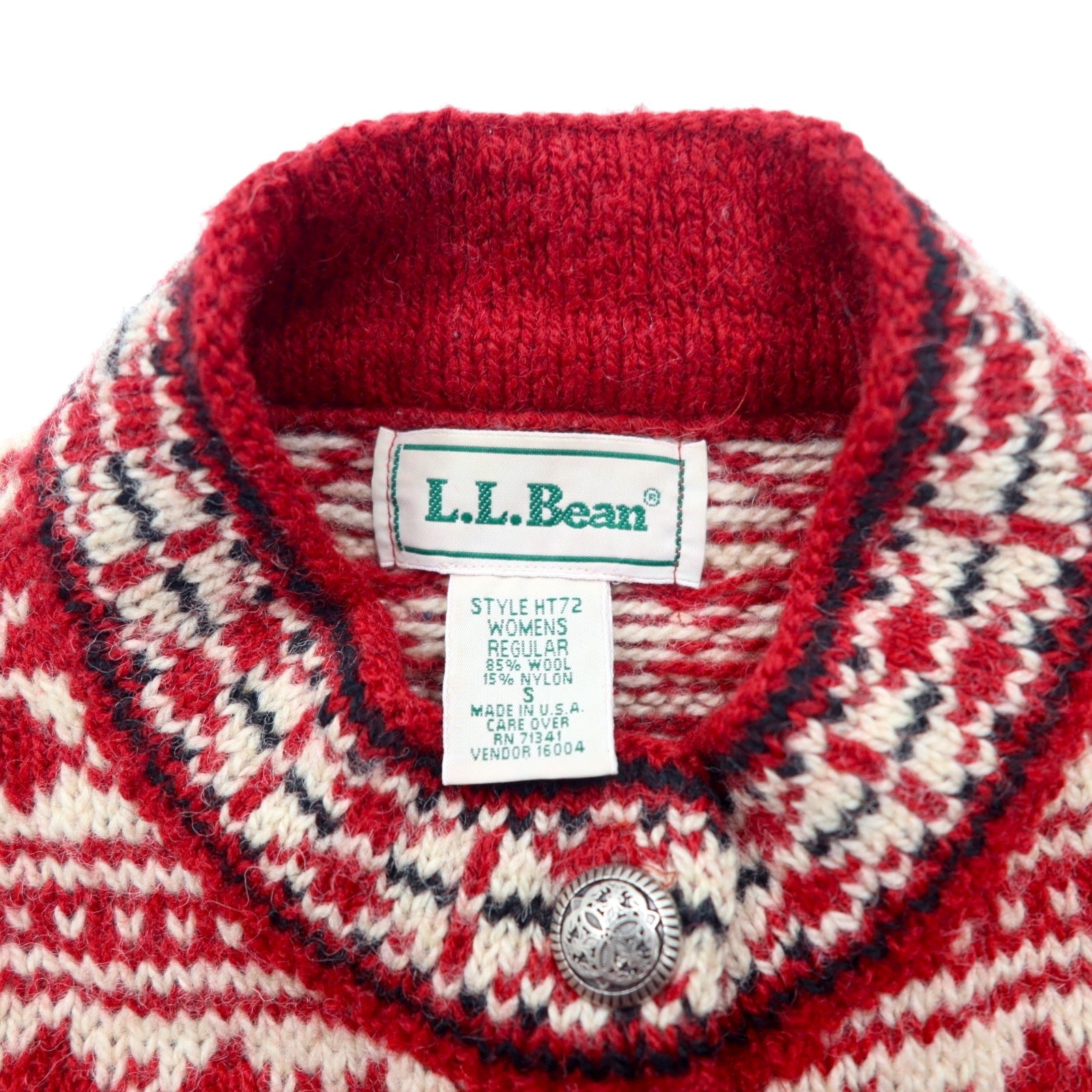 L.L.Bean anni '90 USA Cardigan in maglia tirolese S rosso bianco lana fantasia all-over stile tirolese norvegese bottoni concho HT72