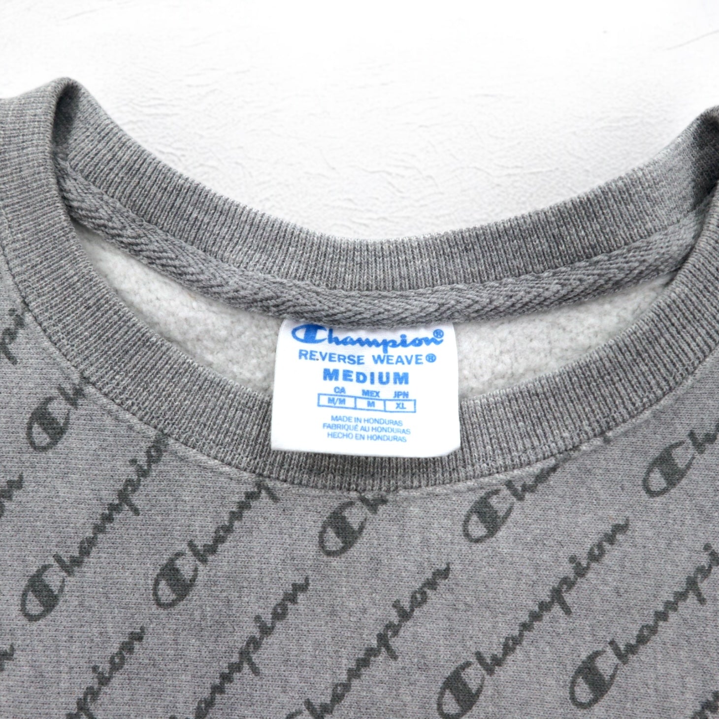 Champion Reverse Weave FELPA TUTTA STAMPA XL Grigio Etichetta blu Riassortimento Made in Honduras