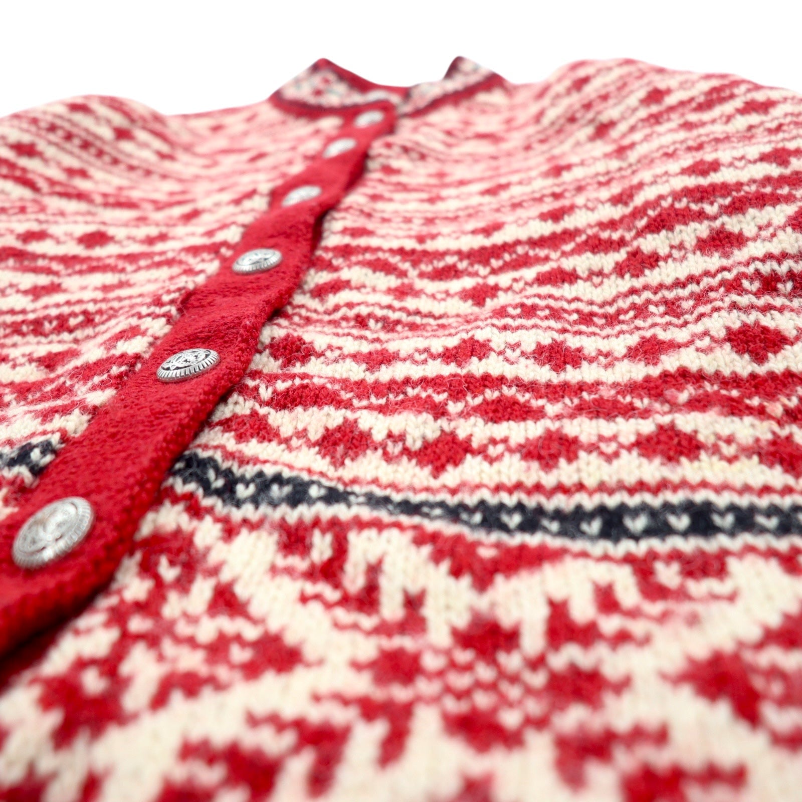 L.L.Bean anni '90 USA Cardigan in maglia tirolese S rosso bianco lana fantasia all-over stile tirolese norvegese bottoni concho HT72