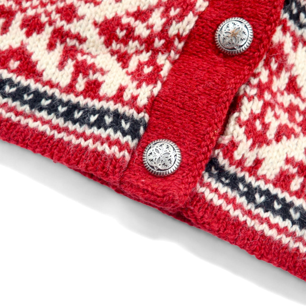 L.L.Bean anni '90 USA Cardigan in maglia tirolese S rosso bianco lana fantasia all-over stile tirolese norvegese bottoni concho HT72