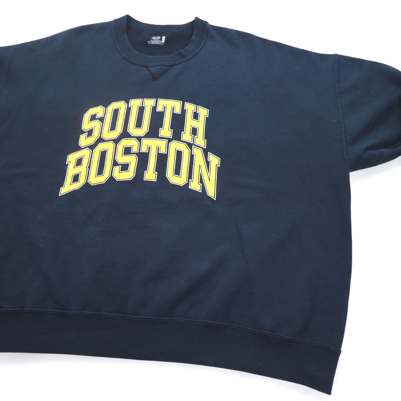 Anni '90 FRUIT OF THE LOOM Felpa girocollo stampa college 3XL blu navy SOUTH BOSTON logo ad arco scollo a V finto prodotta in Messico