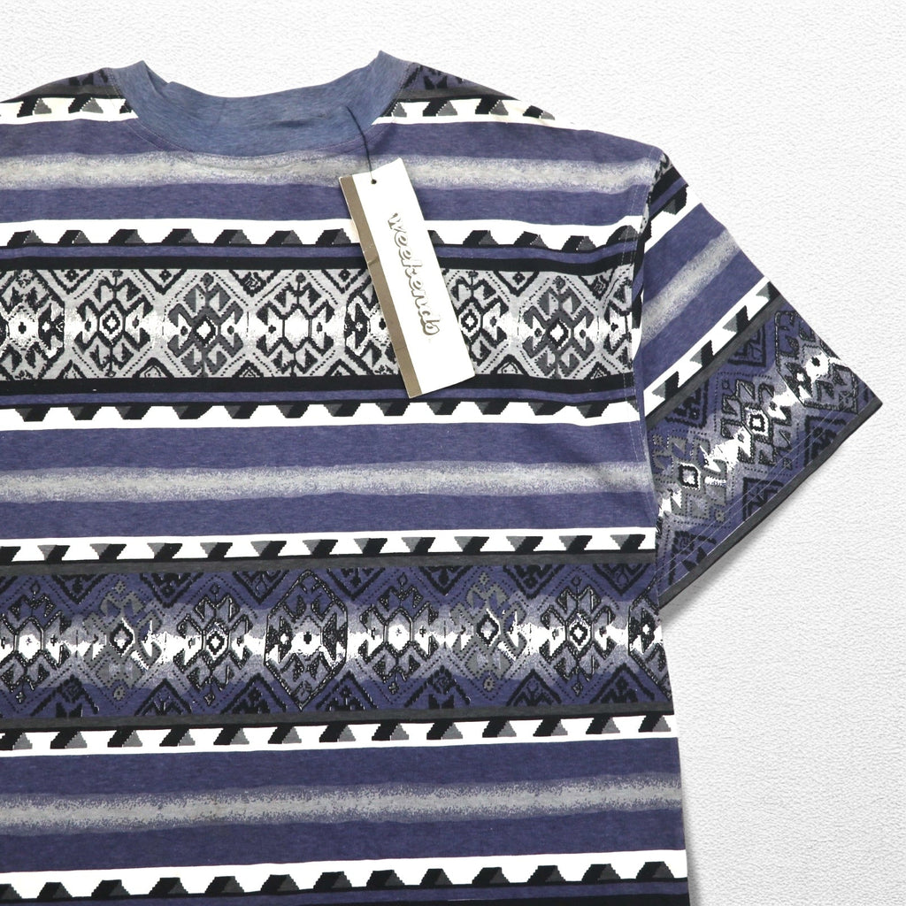 T-shirt a fantasia etnica anni '90, taglia L, grigia, fantasia all-over, a righe, in cotone, mai usata.