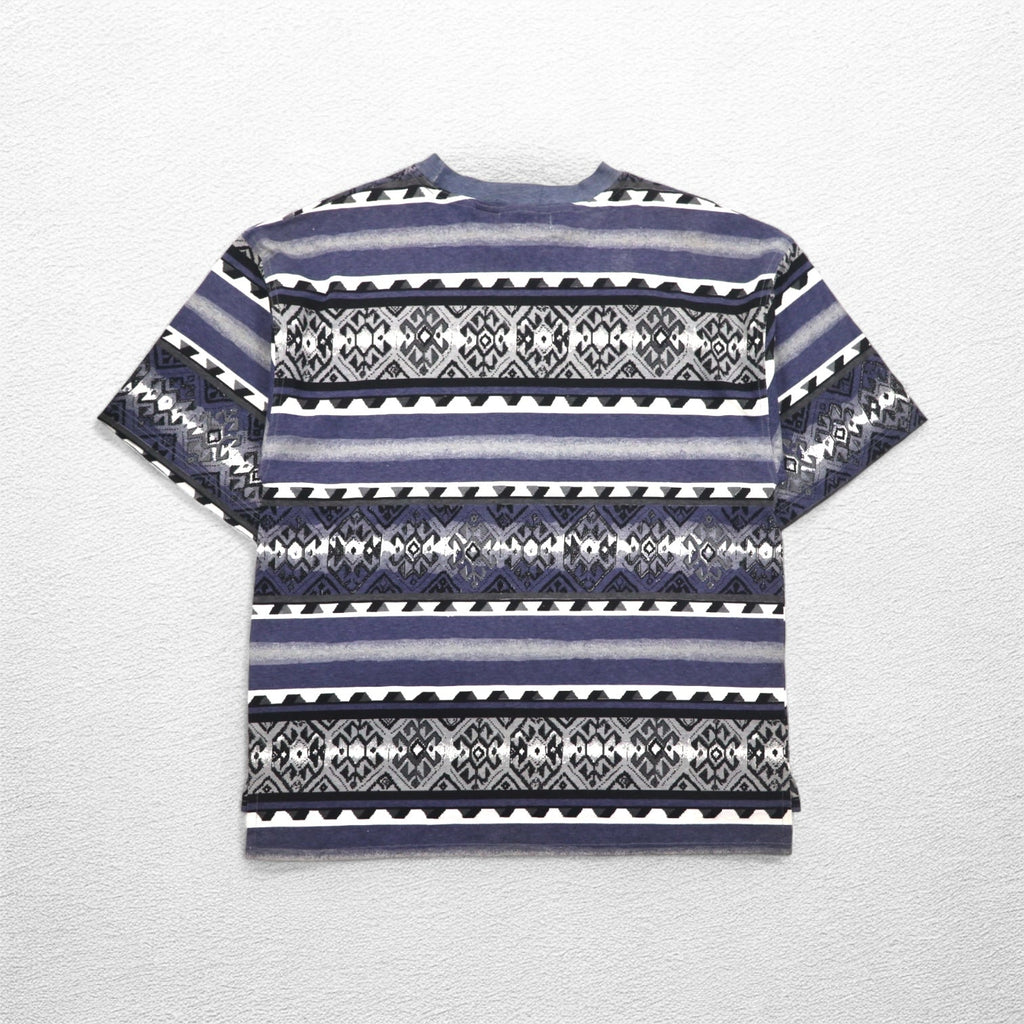 T-shirt a fantasia etnica anni '90, taglia L, grigia, fantasia all-over, a righe, in cotone, mai usata.