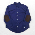 Camicia button-down CHAPS taglia L blu navy con toppe sui gomiti, taschino sul petto e logo ricamato.
