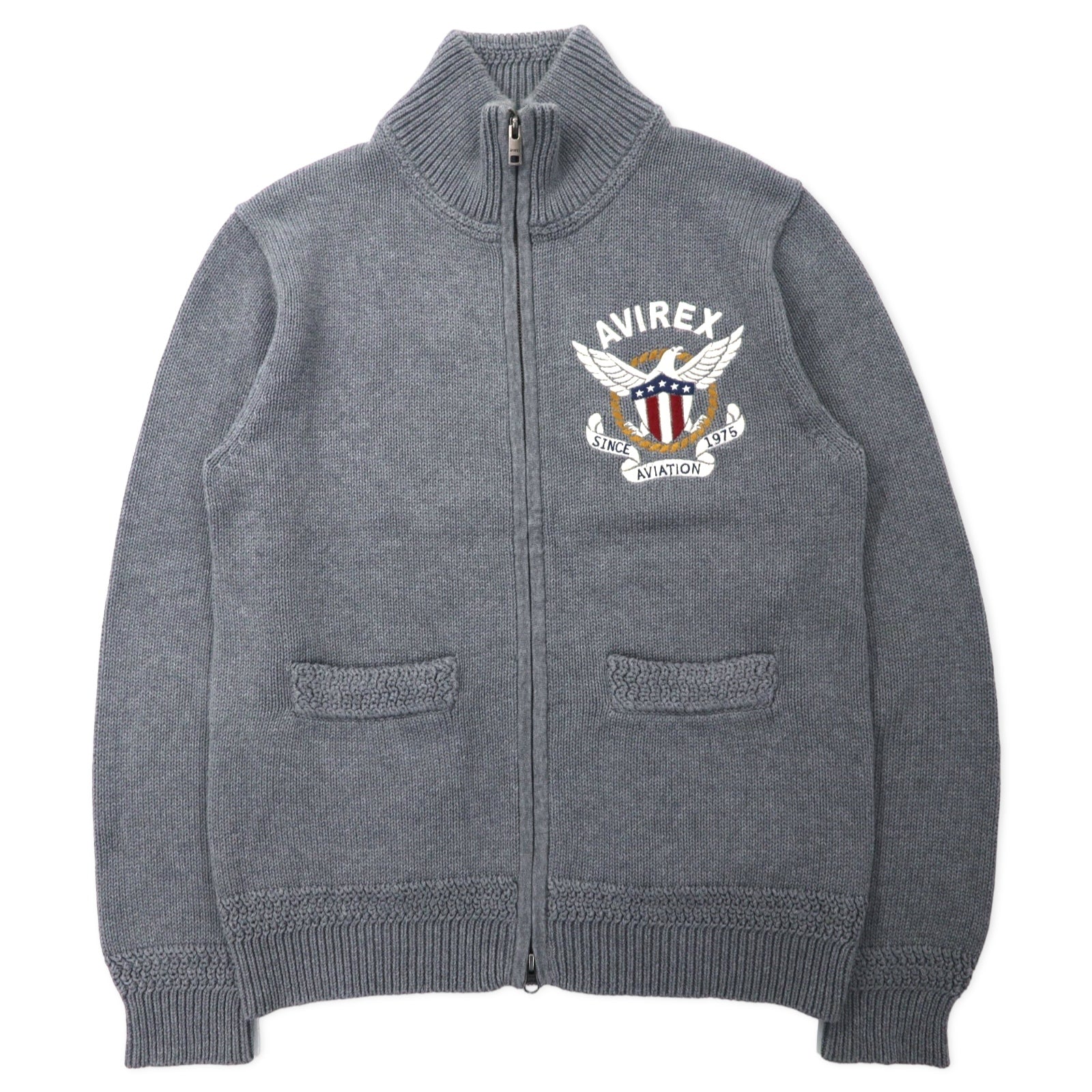 AVIREX Maglione con zip a doppio cursore da autista L Grigio Cotone Ricamo logo 6134009