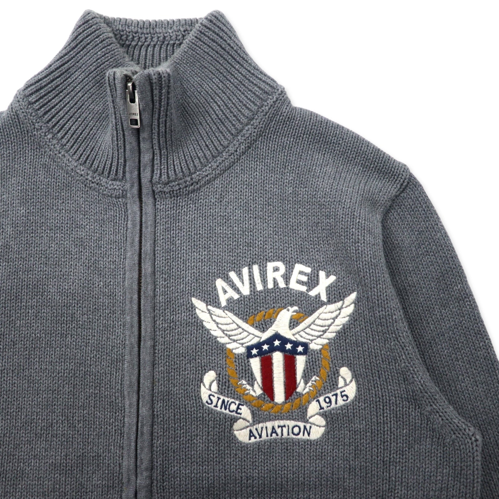 AVIREX Maglione con zip a doppio cursore da autista L Grigio Cotone Ricamo logo 6134009