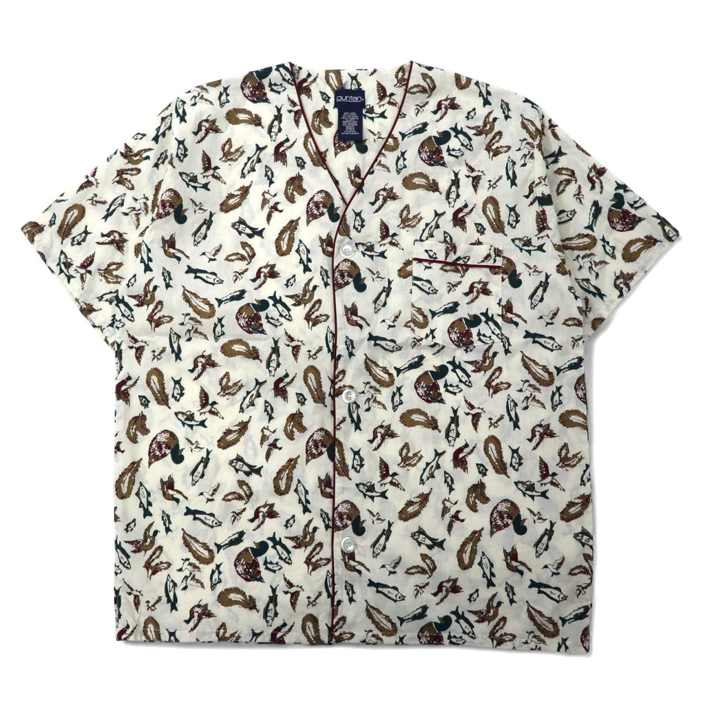 Camicia a maniche corte senza collo Puritan anni '90, taglia L, beige, cotone, fantasia all-over, pesce, camo