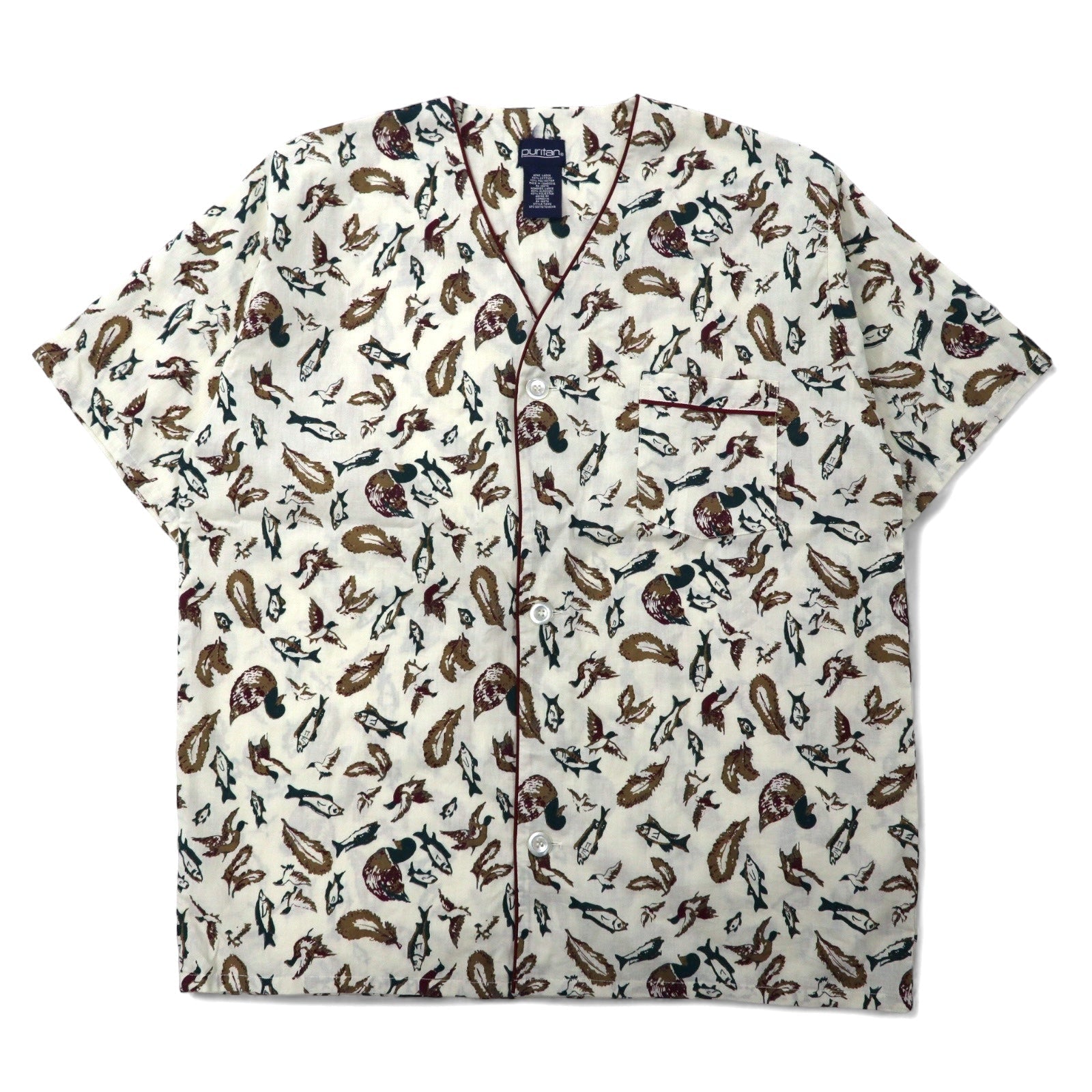 Camicia a maniche corte senza collo Puritan anni '90, taglia L, beige, cotone, fantasia all-over, pesce, camo