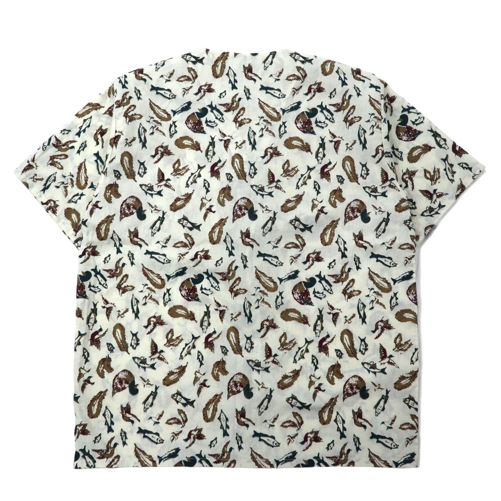 Camicia a maniche corte senza collo Puritan anni '90, taglia L, beige, cotone, fantasia all-over, pesce, camo