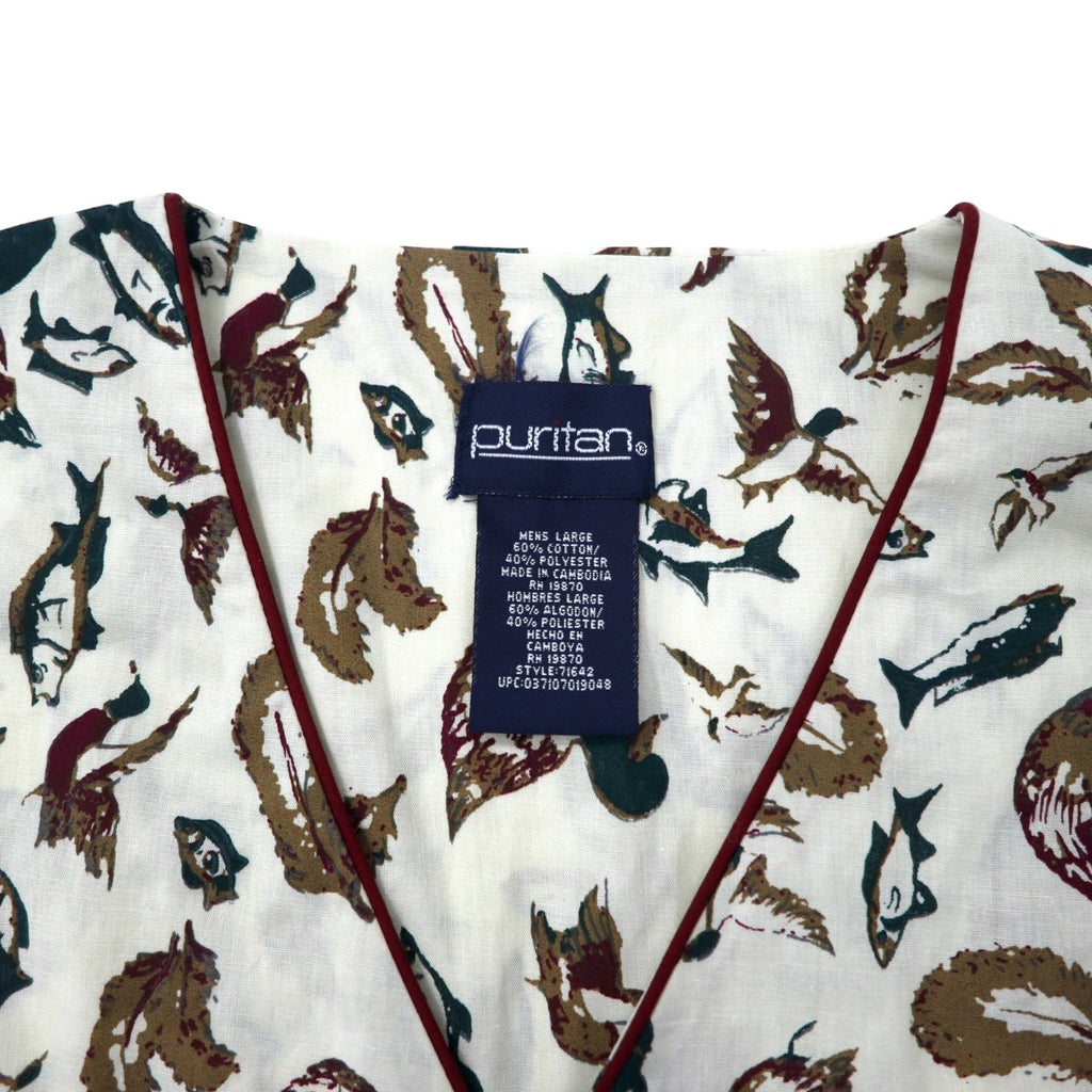 Camicia a maniche corte senza collo Puritan anni '90, taglia L, beige, cotone, fantasia all-over, pesce, camo