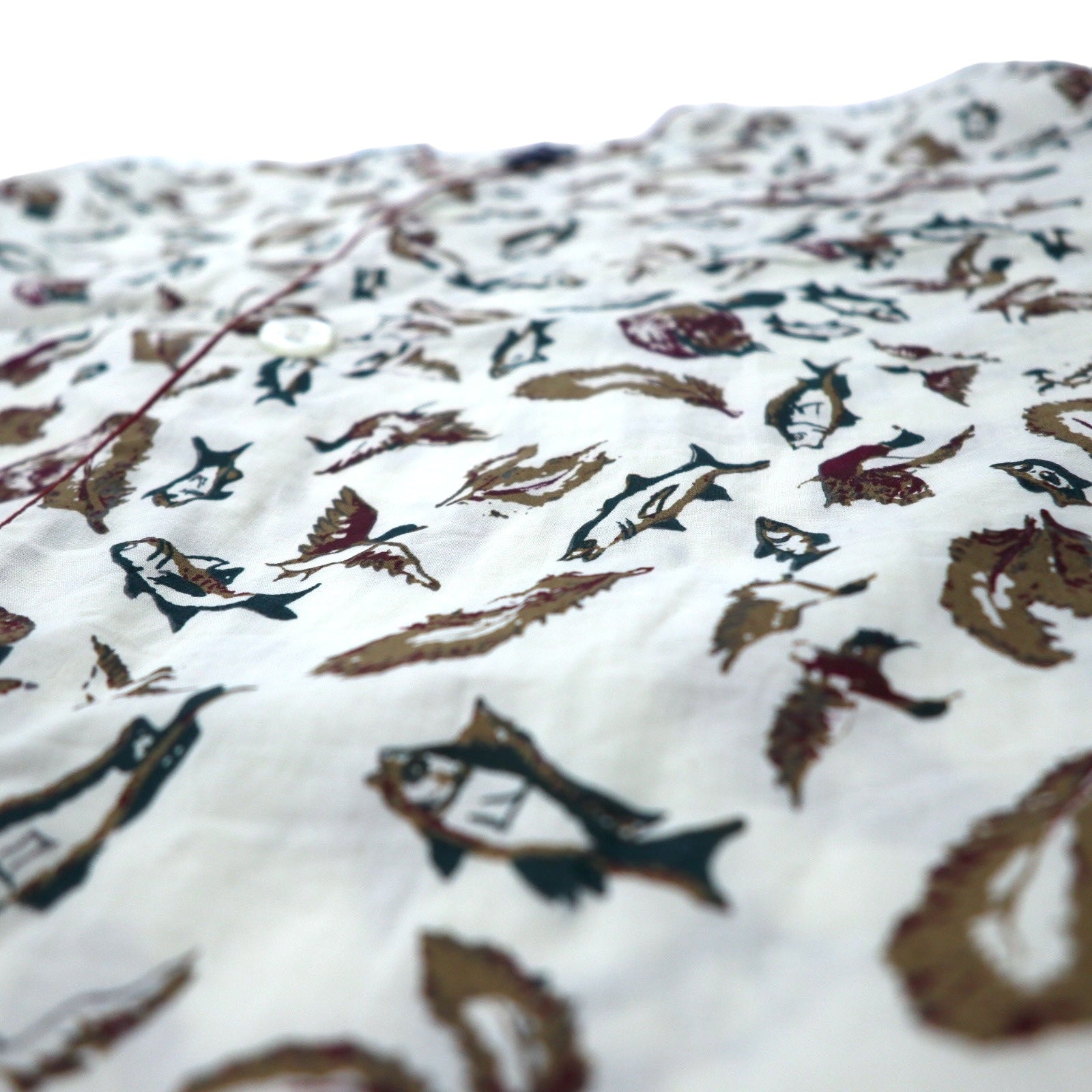 Camicia a maniche corte senza collo Puritan anni '90, taglia L, beige, cotone, fantasia all-over, pesce, camo