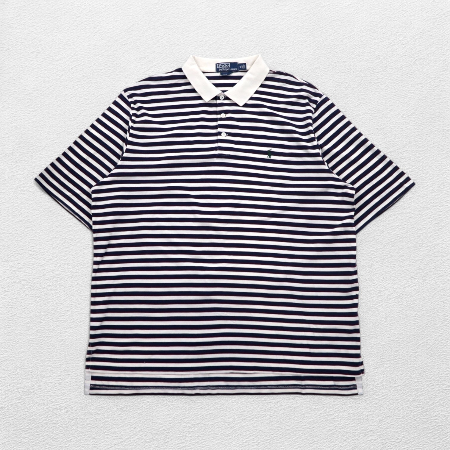 Polo by Ralph Lauren anni '90, polo a righe in cotone Pima, taglia XL, bianca e blu navy, ricamo piccolo pony