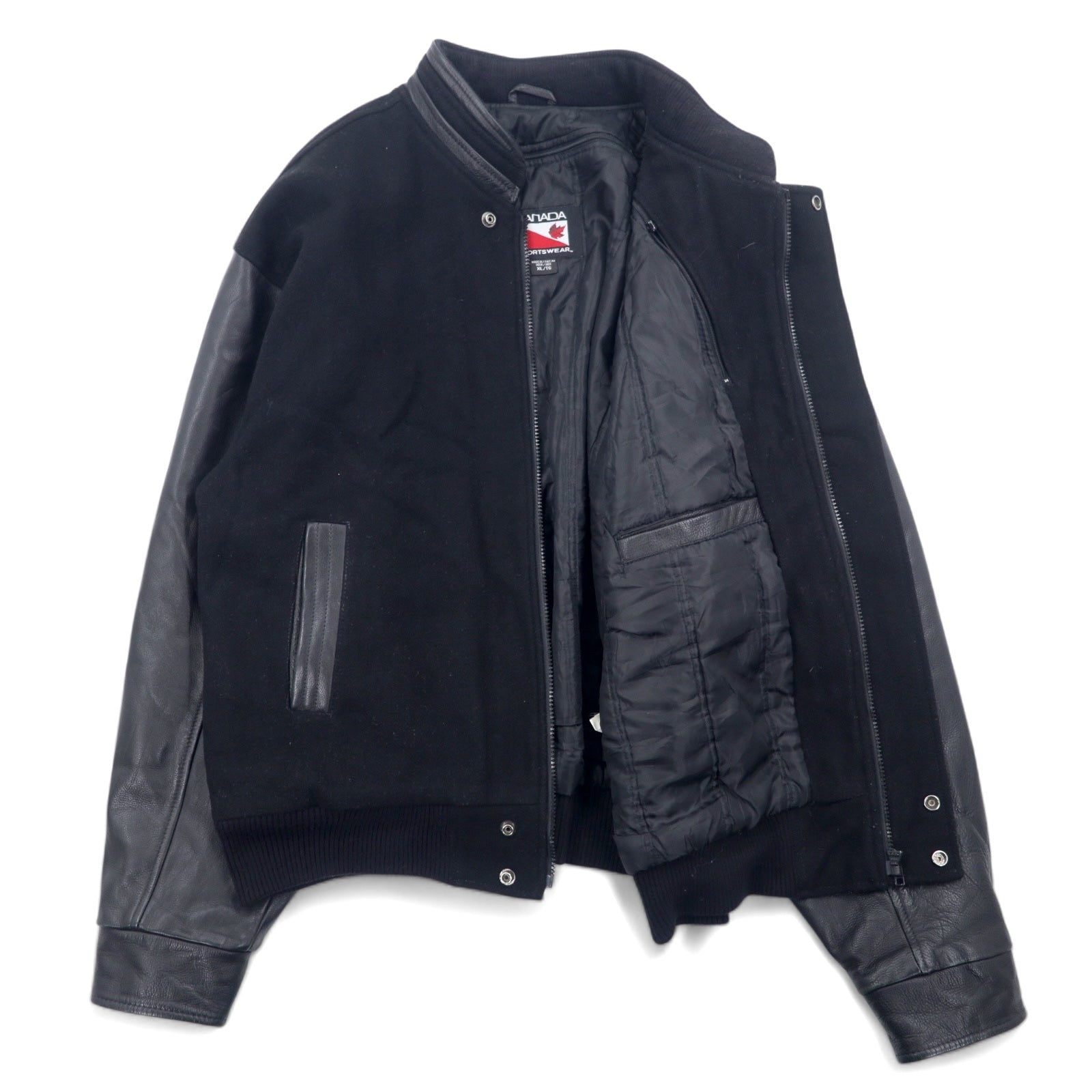 Anni '90 CANADA SPORTS WEAR Giubbotto college in lana e pelle, taglia XL, colore nero, logo ricamato Canadian Natural