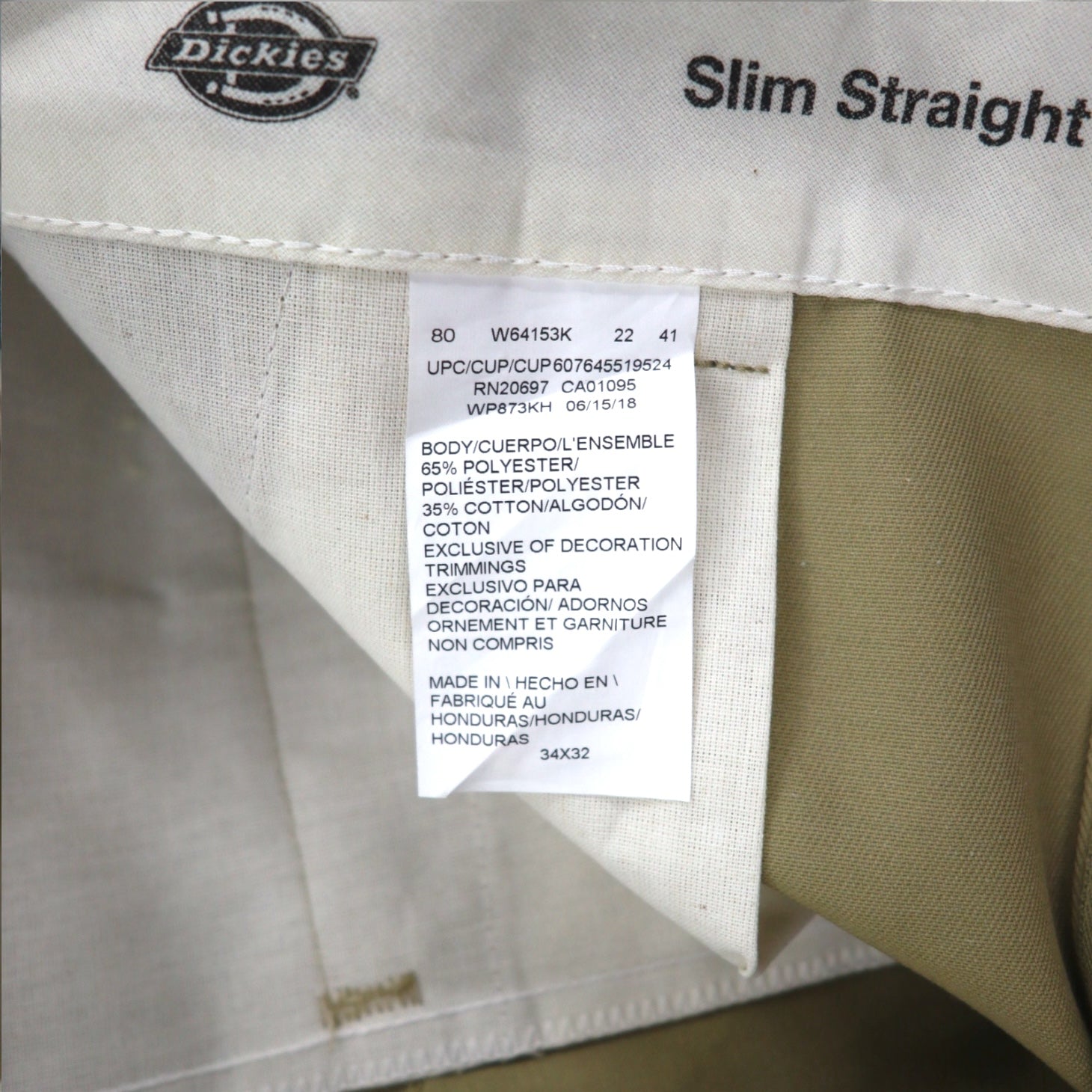 Dickies Pantaloni Chino da Lavoro L Beige Slim Straight WP873KH Honduras Nuovo con etichette