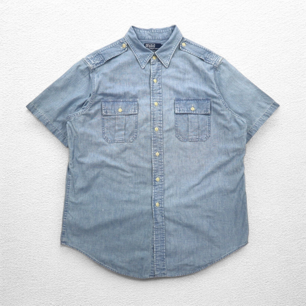 Polo by Ralph Lauren anni '90 camicia denim a maniche corte taglia XL blu cotone con taschino sul petto