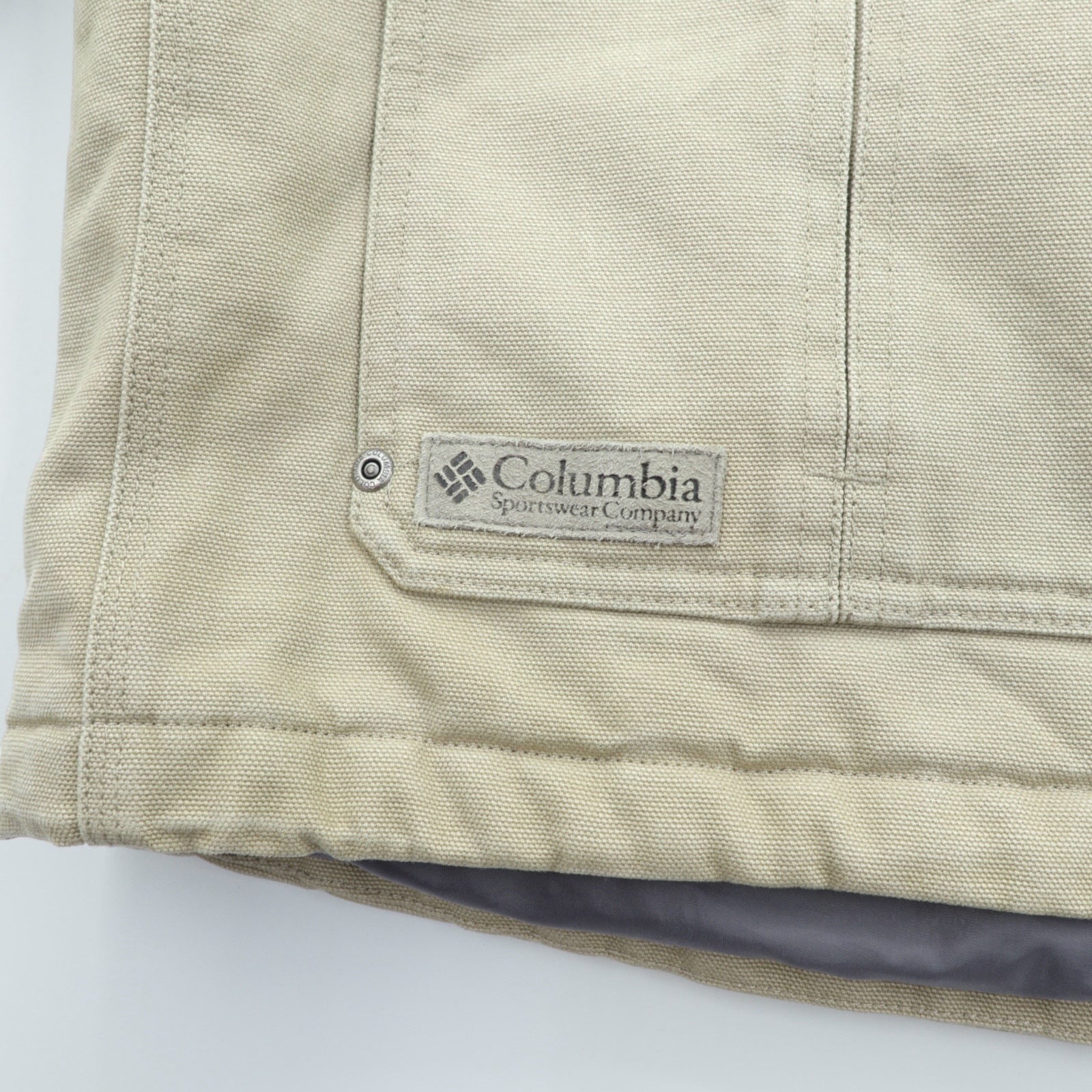 Columbia ダック地 中綿 ワークジャケット カバーオール XL ベージュ 襟コーデュロイ フード着脱 PM5028