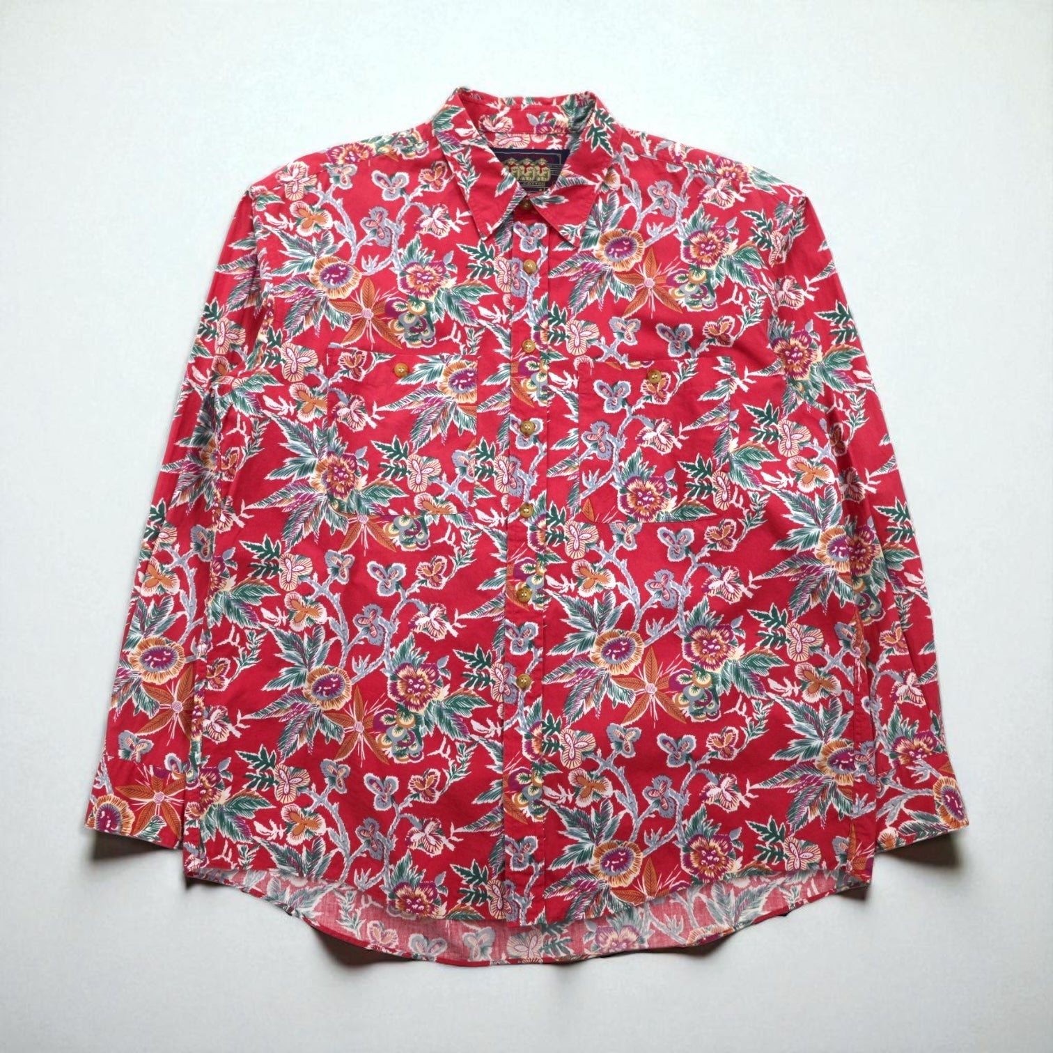 RALPH LAUREN 80年代 日本製 花柄シャツ 長袖 アロハシャツ L レッド ダブル 胸ポケット