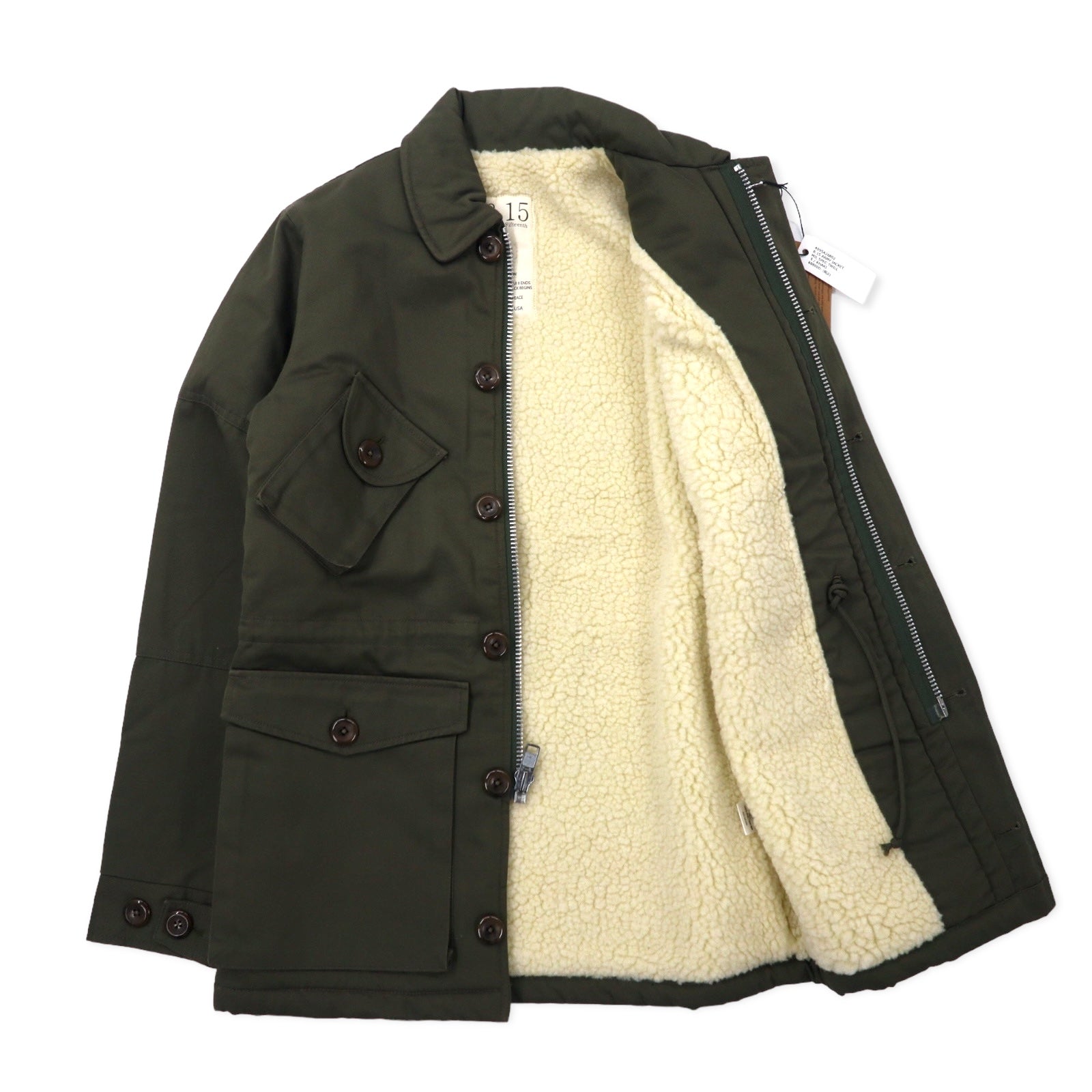 8.15 AUGUST FIFTEENTH Giacca militare made in USA S Kaki Cotone Fodera in pile Coulisse ARMY JACKET 4095A26802 Articolo nuovo