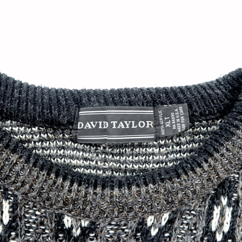 90s USA Vintage Jacquard Knit DAVID TAYLOR 総柄 ジャガード ニット セーター XL グレー 90年代 USA製