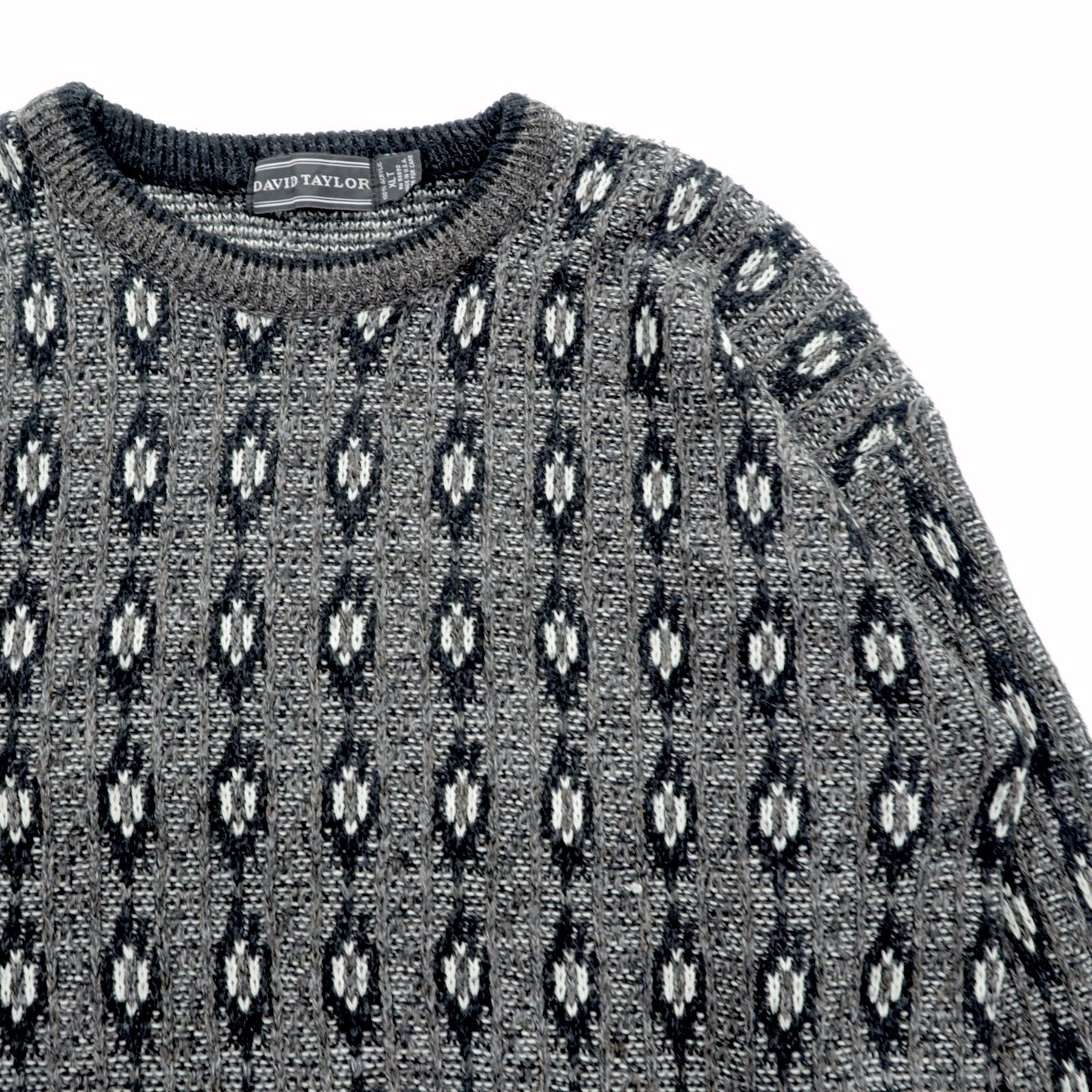 90s USA Vintage Jacquard Knit DAVID TAYLOR 総柄 ジャガード ニット セーター XL グレー 90年代 USA製