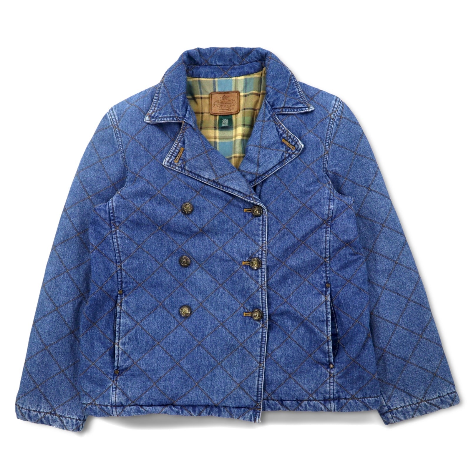 LAUREN JEANS CO. Giacca denim trapuntata doppiopetto anni '90 P-coat XL indaco blu imbottita foderata a quadri
