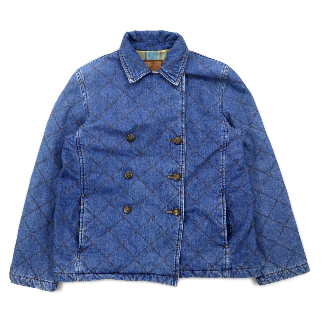 LAUREN JEANS CO. Giacca denim trapuntata doppiopetto anni '90 P-coat XL indaco blu imbottita foderata a quadri