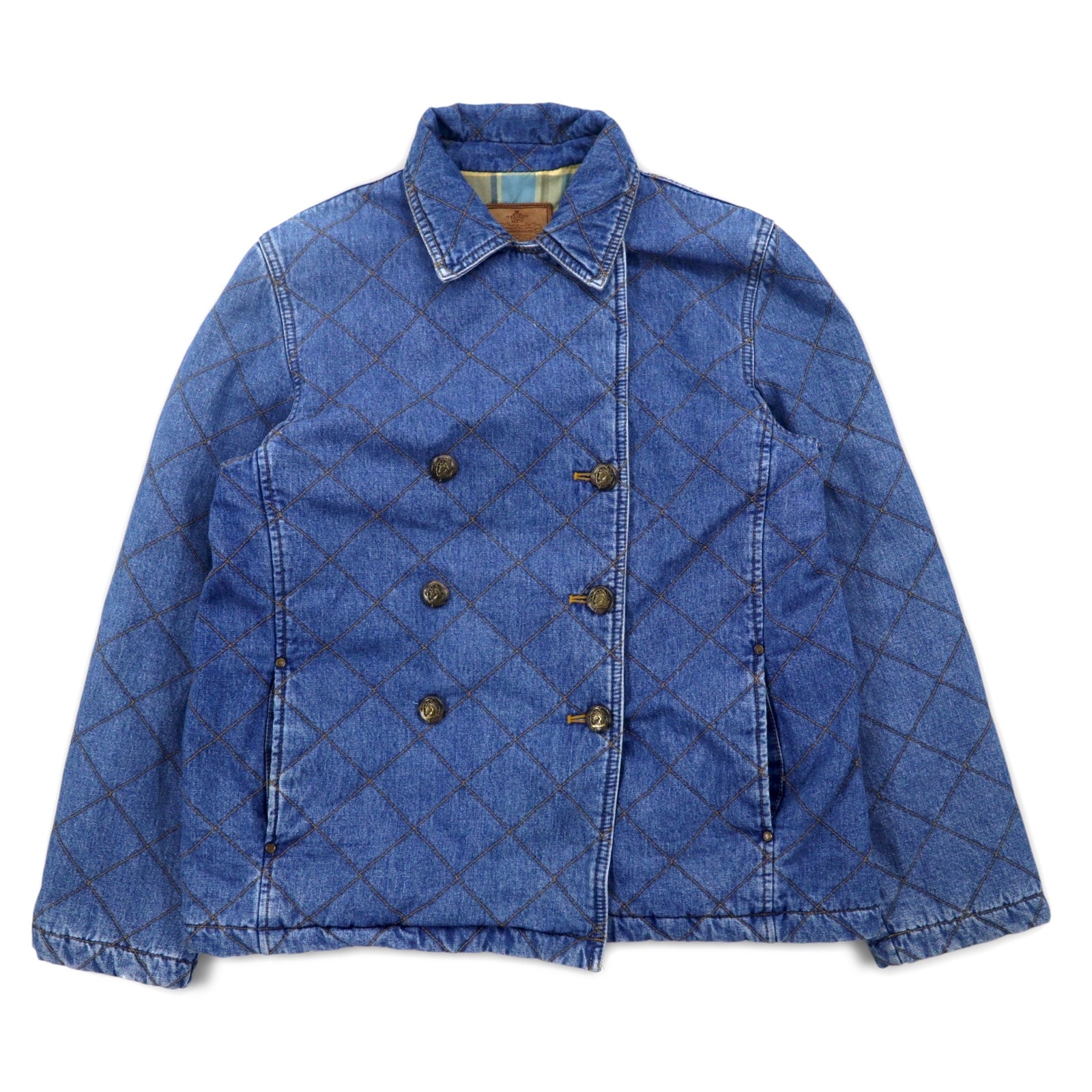 LAUREN JEANS CO. Giacca denim trapuntata doppiopetto anni '90 P-coat XL indaco blu imbottita foderata a quadri