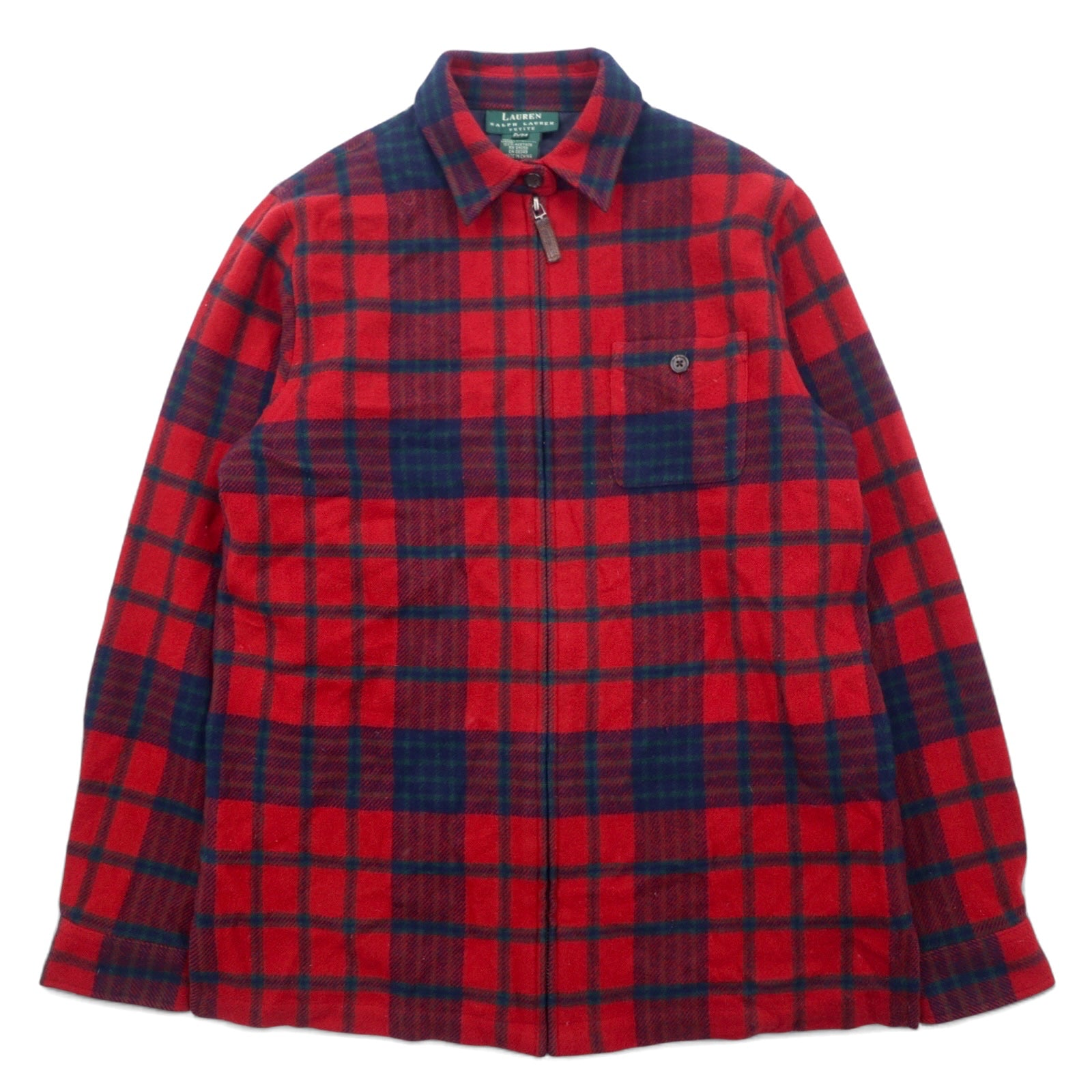 LAUREN RALPH LAUREN anni '90 Giacca in flanella full zip M rosso lana d'agnello scozzese
