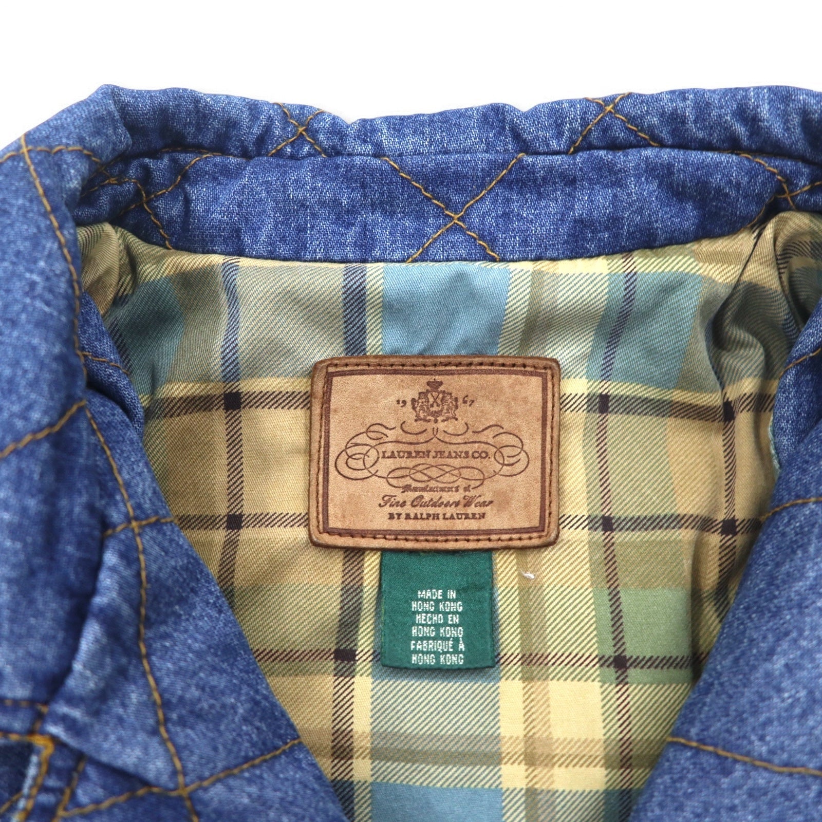 LAUREN JEANS CO. Giacca denim trapuntata doppiopetto anni '90 P-coat XL indaco blu imbottita foderata a quadri