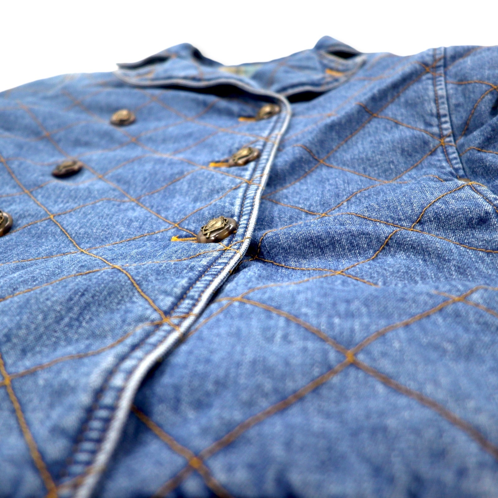 LAUREN JEANS CO. Giacca denim trapuntata doppiopetto anni '90 P-coat XL indaco blu imbottita foderata a quadri