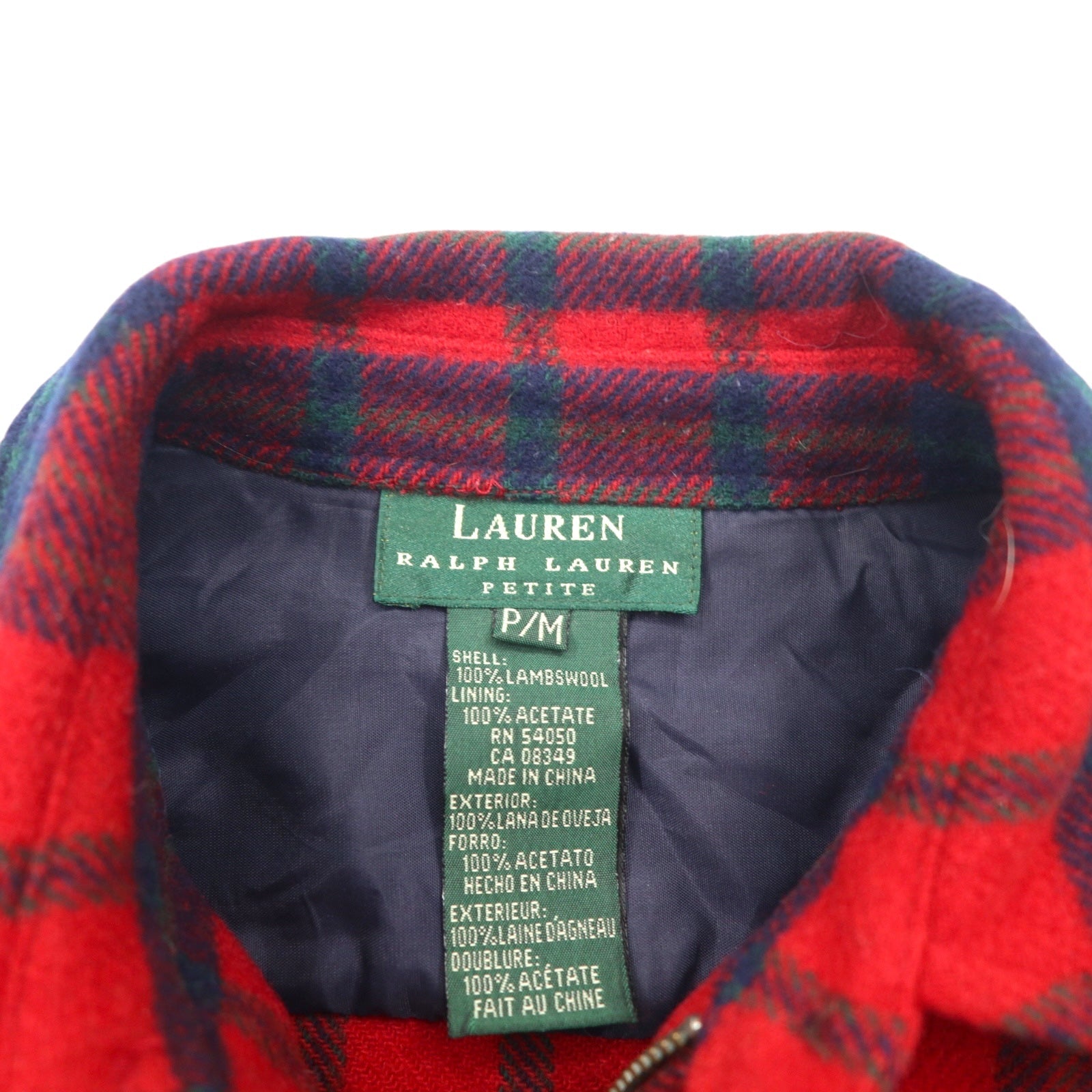 LAUREN RALPH LAUREN anni '90 Giacca in flanella full zip M rosso lana d'agnello scozzese