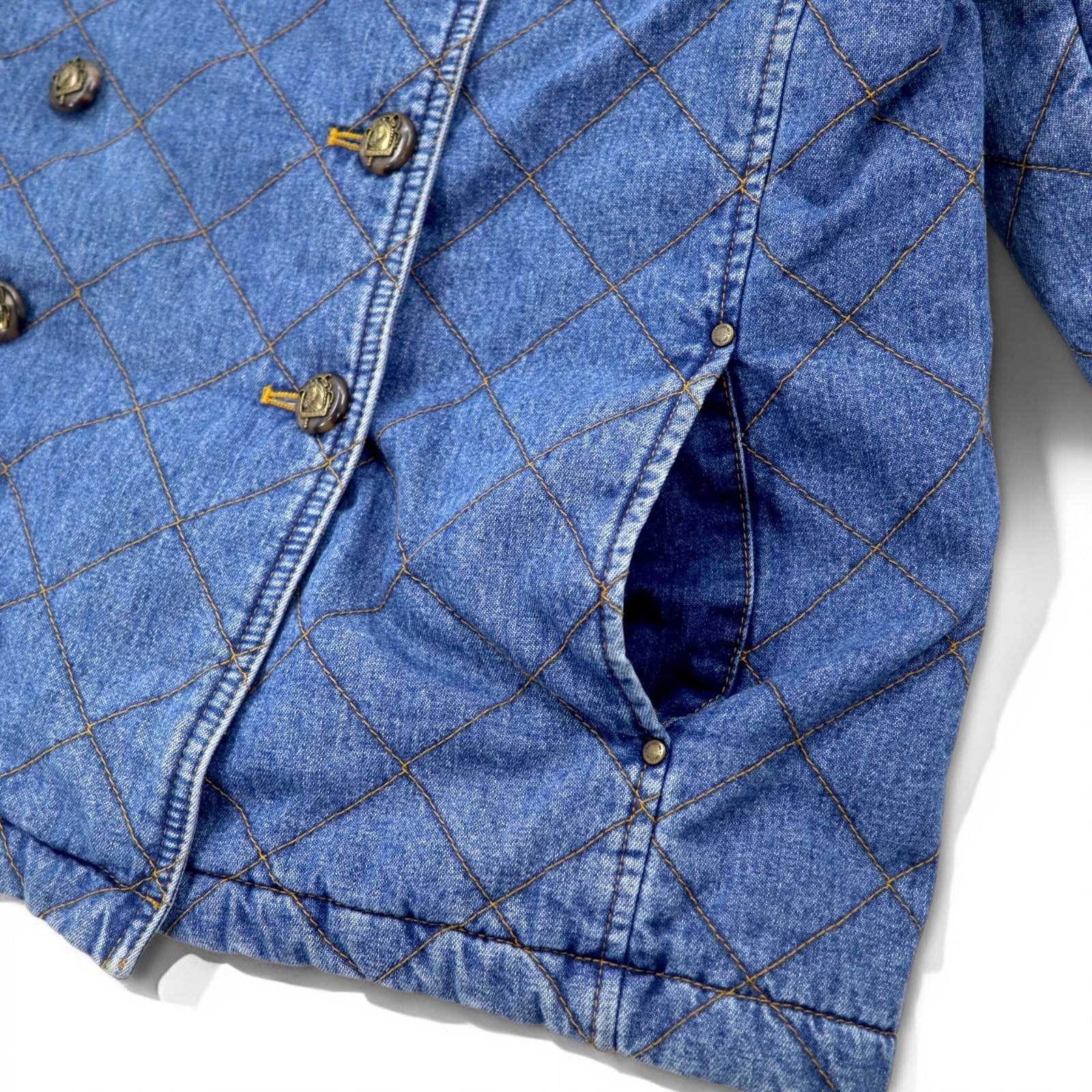 LAUREN JEANS CO. Giacca denim trapuntata doppiopetto anni '90 P-coat XL indaco blu imbottita foderata a quadri