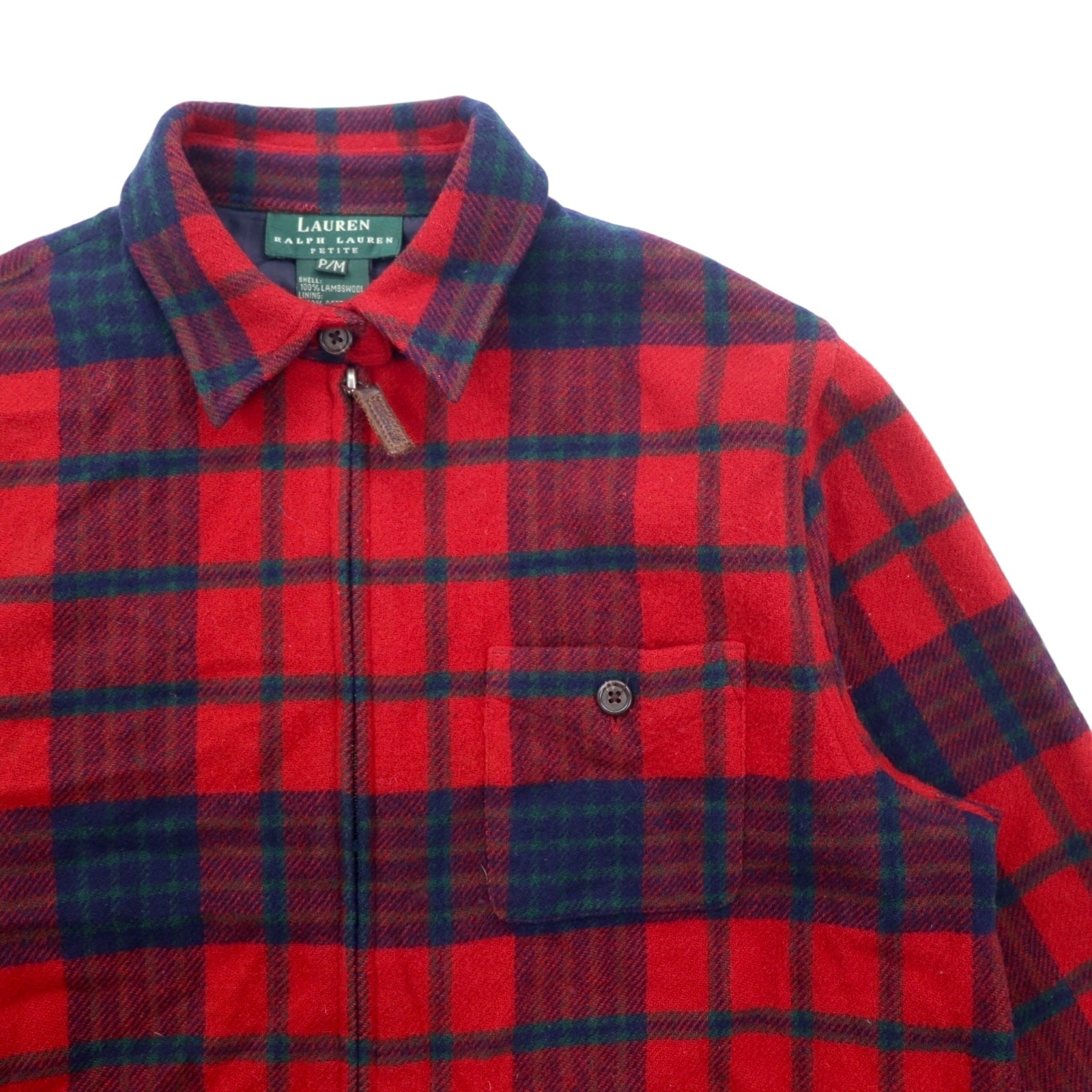 LAUREN RALPH LAUREN anni '90 Giacca in flanella full zip M rosso lana d'agnello scozzese