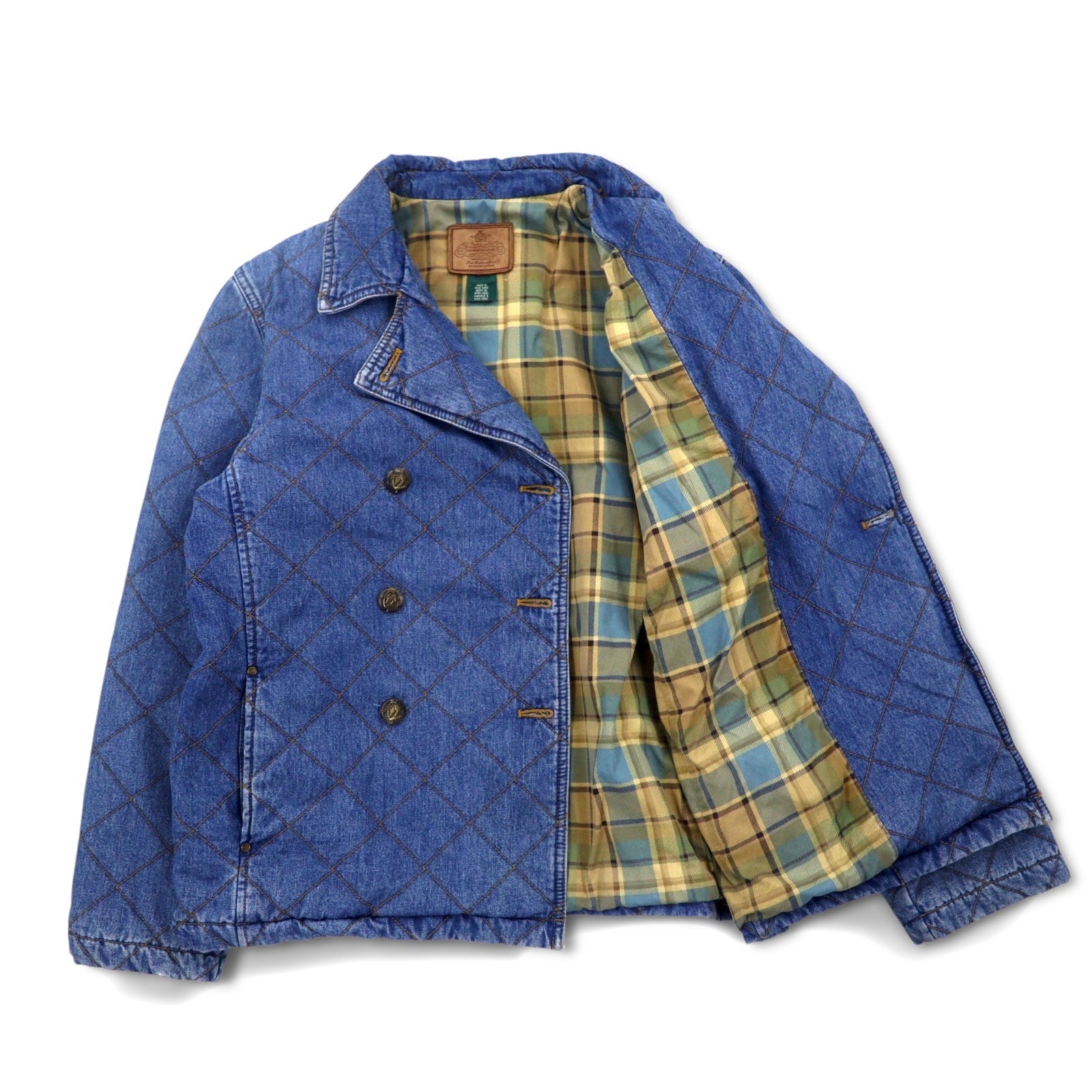 LAUREN JEANS CO. Giacca denim trapuntata doppiopetto anni '90 P-coat XL indaco blu imbottita foderata a quadri